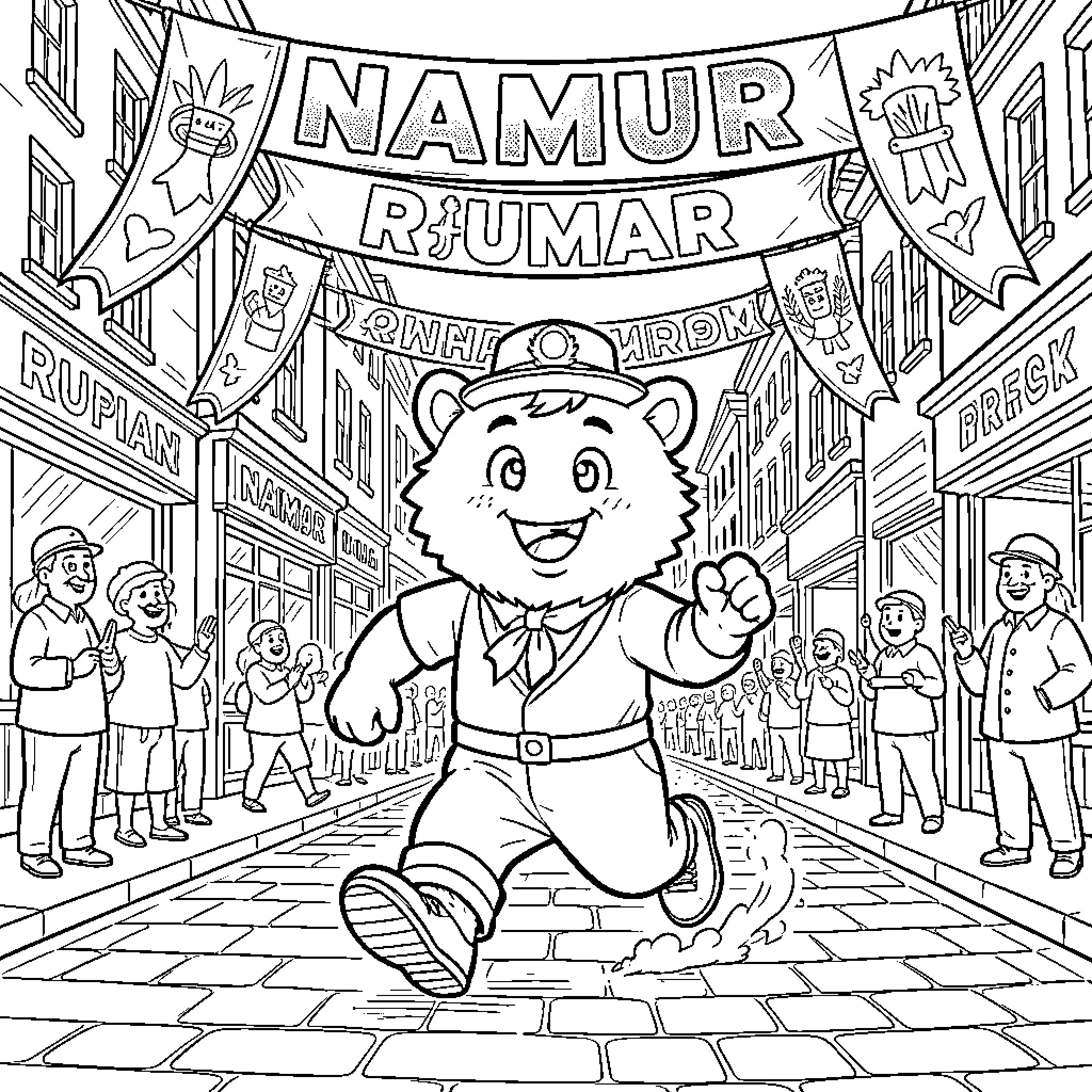 Ruman celebrating parade in city street Coloring Page (free black-and-white line drawing printable PDF for all, from beginners to advanced learners, including children, teens, adults, and seniors)