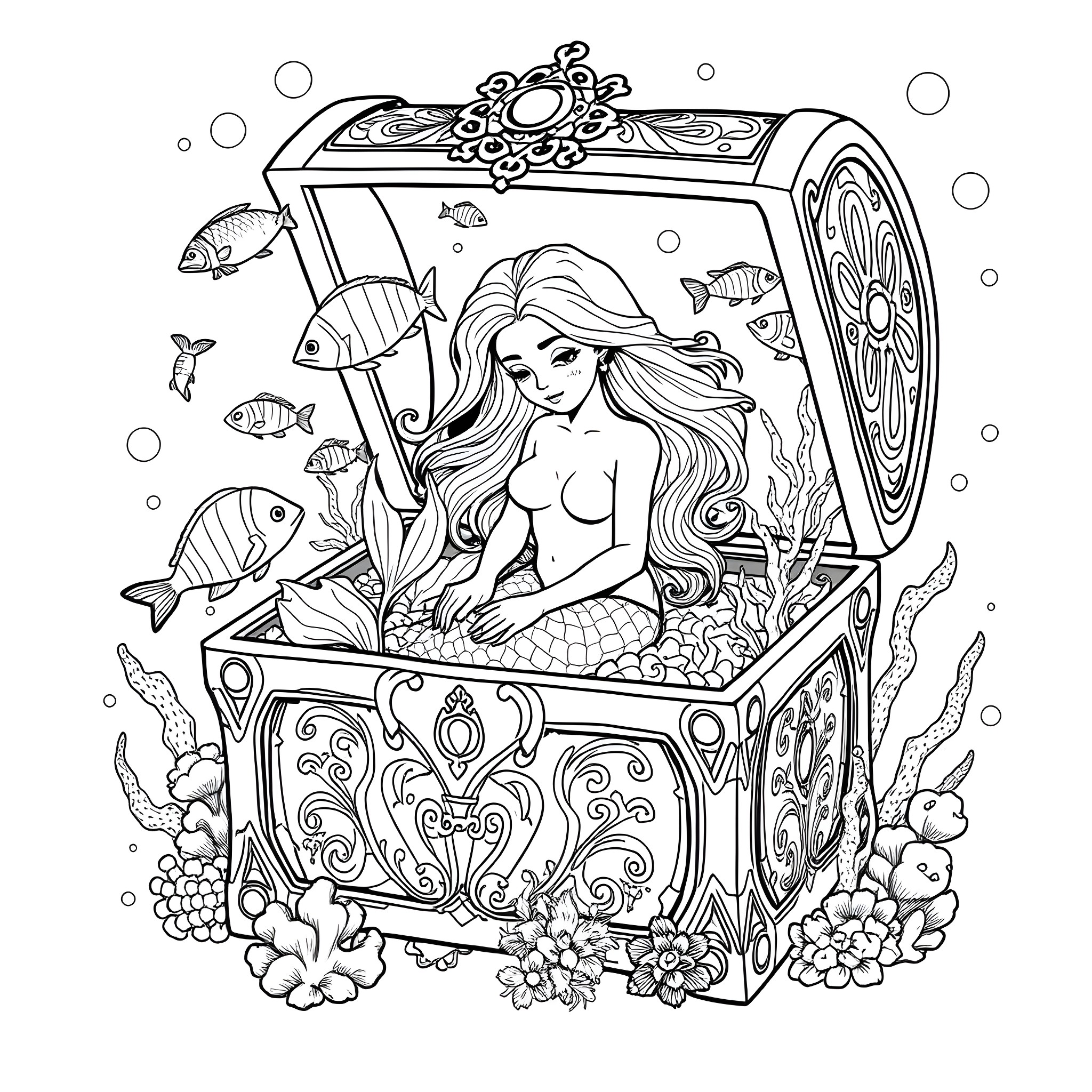 Mermaid resting in a treasure chest with underwater marine life Coloring Page (free black-and-white line drawing printable PDF for all, from beginners to advanced learners, including children, teens, adults, and seniors)