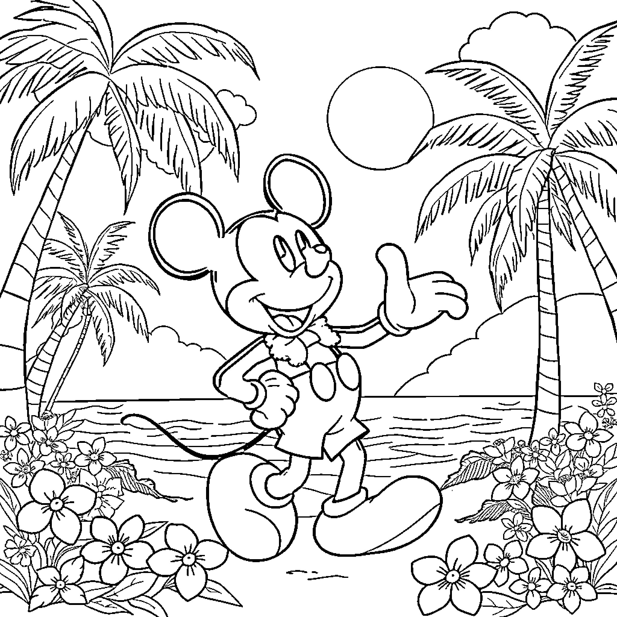 Mickey Mouse enjoying a tropical beach vacation Coloring Page (free black-and-white line drawing printable PDF for all, from beginners to advanced learners, including children, teens, adults, and seniors)