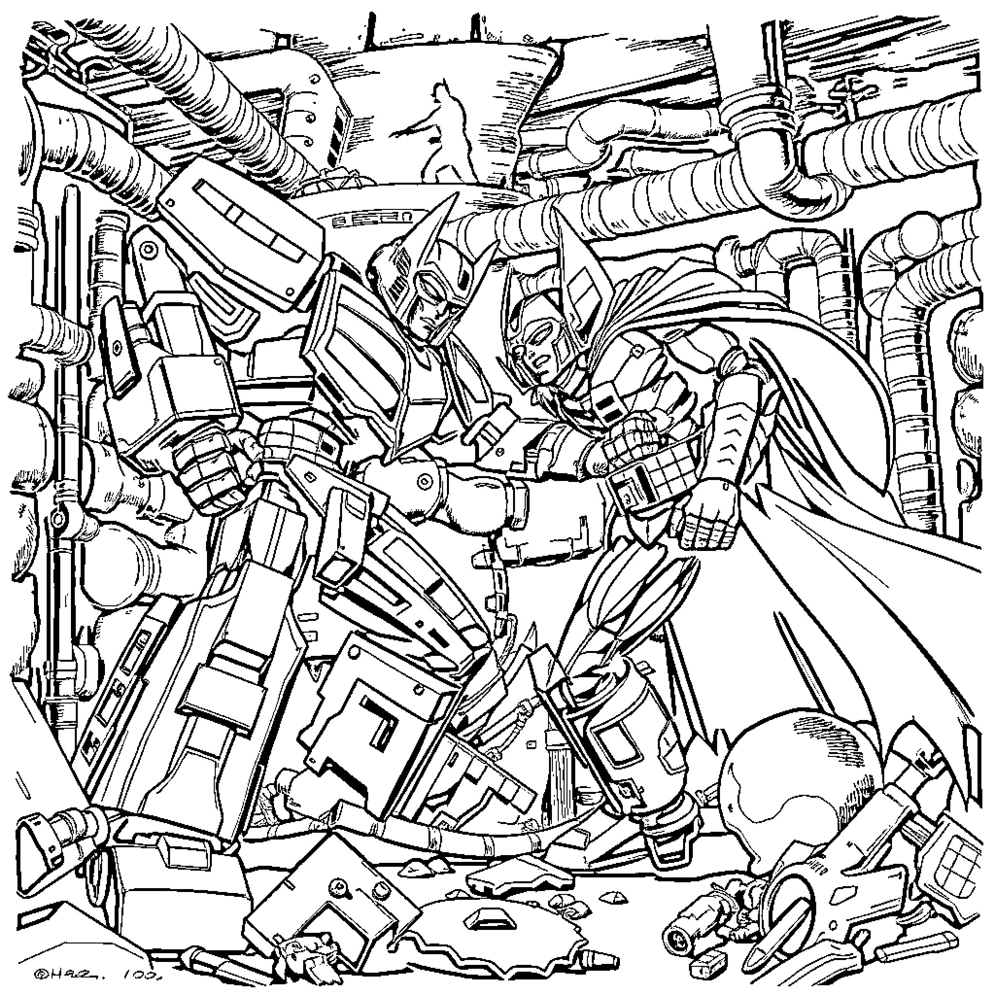 Megatron's Chaotic Clash in the Cybertron Ruins Coloring Page (free black-and-white line drawing printable PDF for all, from beginners to advanced learners, including children, teens, adults, and seniors)