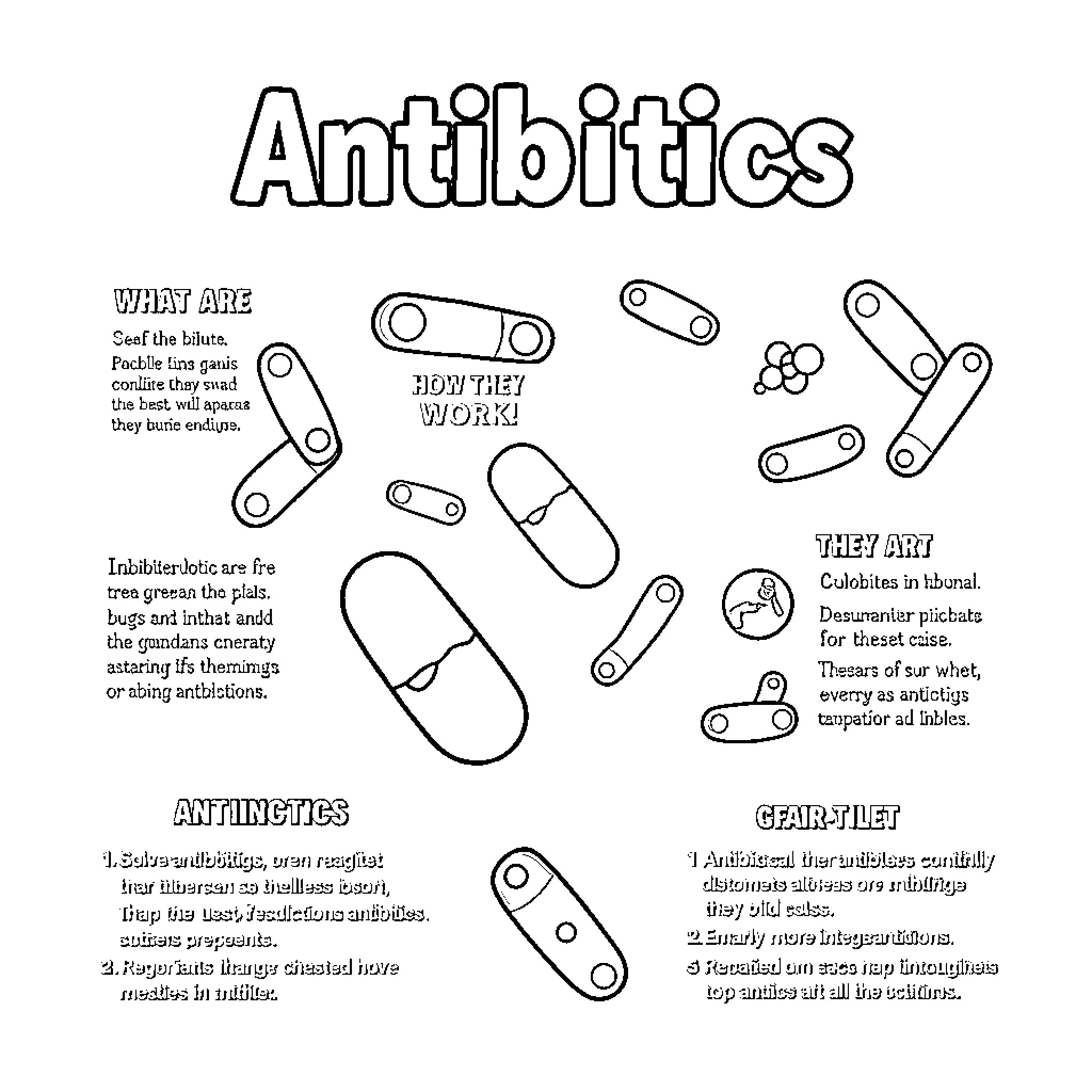 Infographic on the functions and use of antibiotics Coloring Page (free black-and-white line drawing printable PDF for all, from beginners to advanced learners, including children, teens, adults, and seniors)