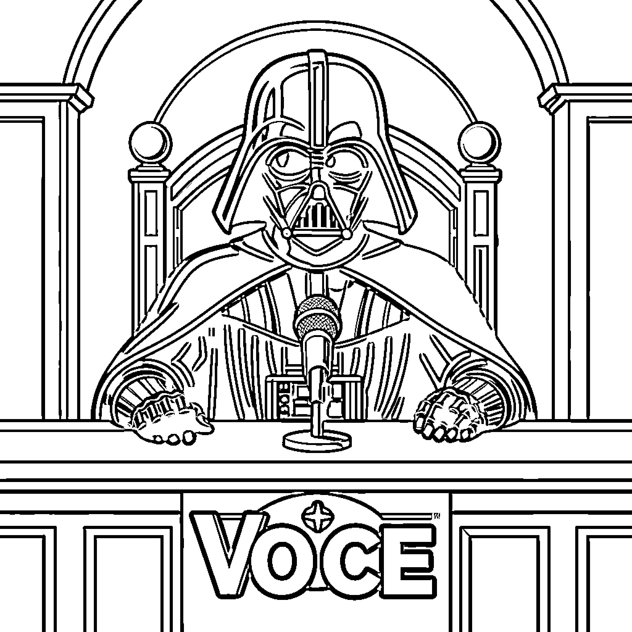 Darth Vader sitting at a podium with a microphone Coloring Page (free black-and-white line drawing printable PDF for all, from beginners to advanced learners, including children, teens, adults, and seniors)