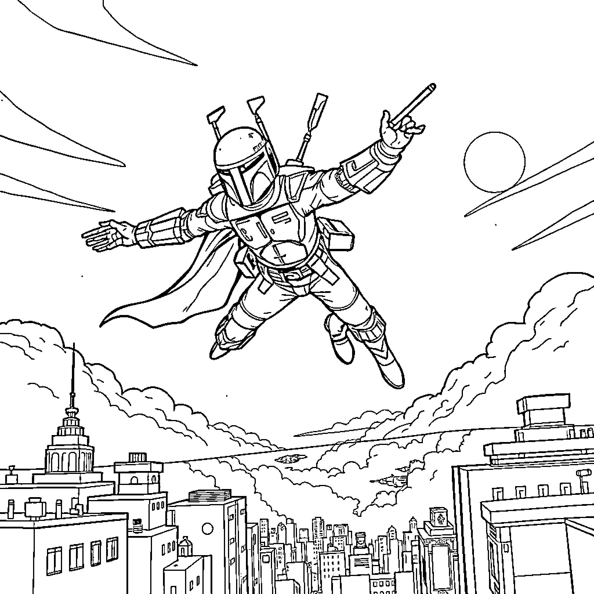 Boba Fett soaring through the skies Coloring Page (free black-and-white line drawing printable PDF for all, from beginners to advanced learners, including children, teens, adults, and seniors)