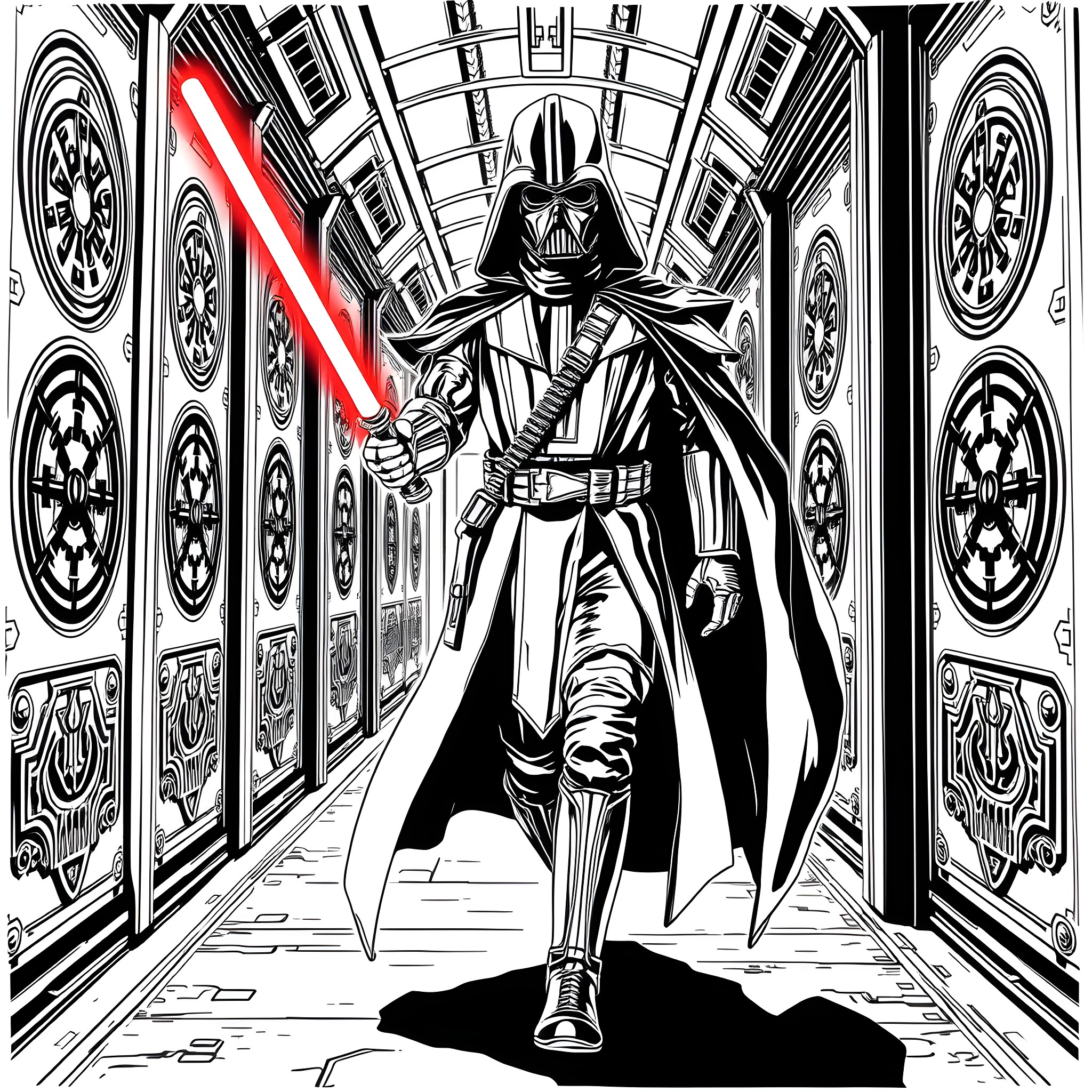 Darth Revan wielding a Lightsaber in a Galactic Empire setting Coloring Page (free black-and-white line drawing printable PDF for all, from beginners to advanced learners, including children, teens, adults, and seniors)