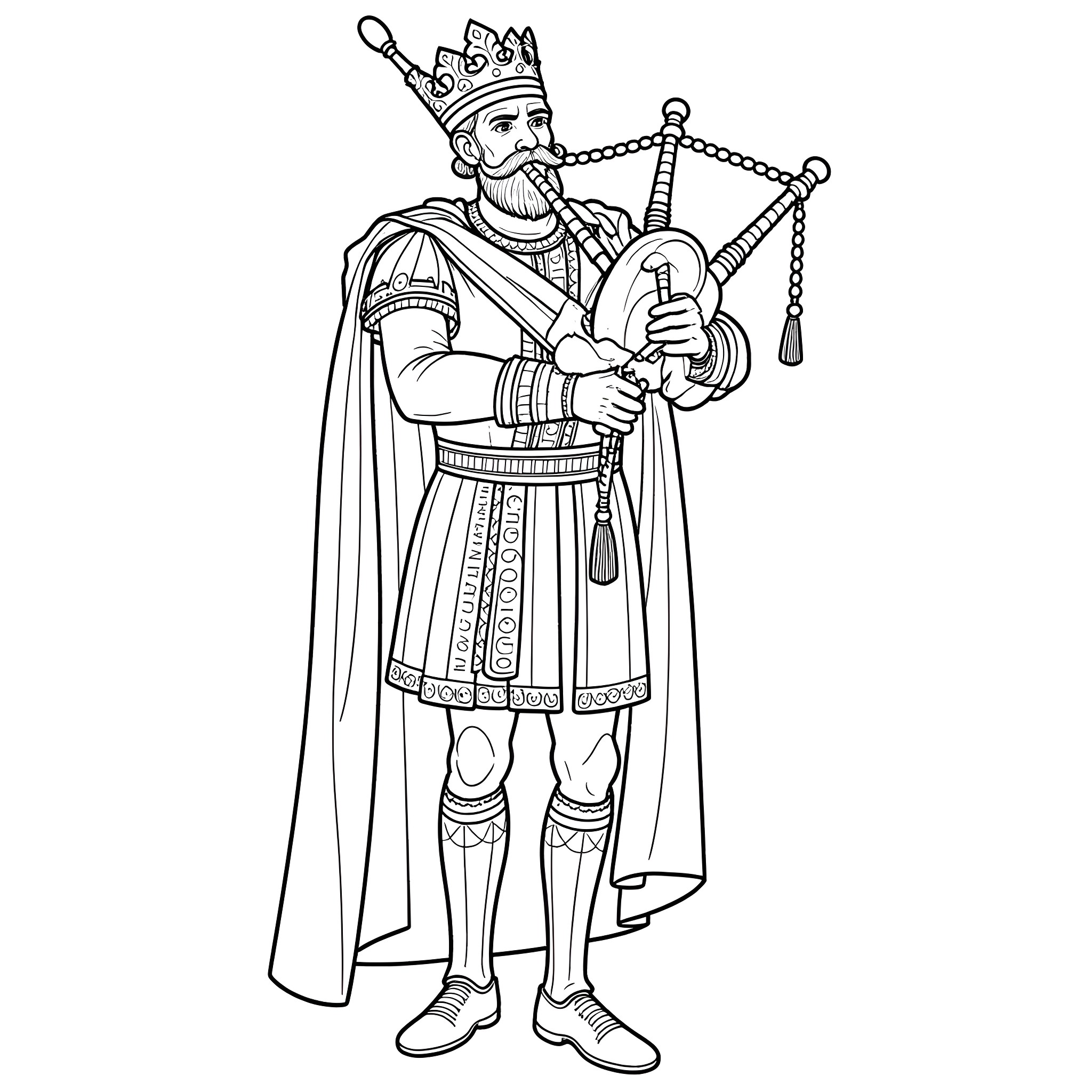 King in Regal Attire Holding Scepter Coloring Page (free black-and-white line drawing printable PDF for all, from beginners to advanced learners, including children, teens, adults, and seniors)