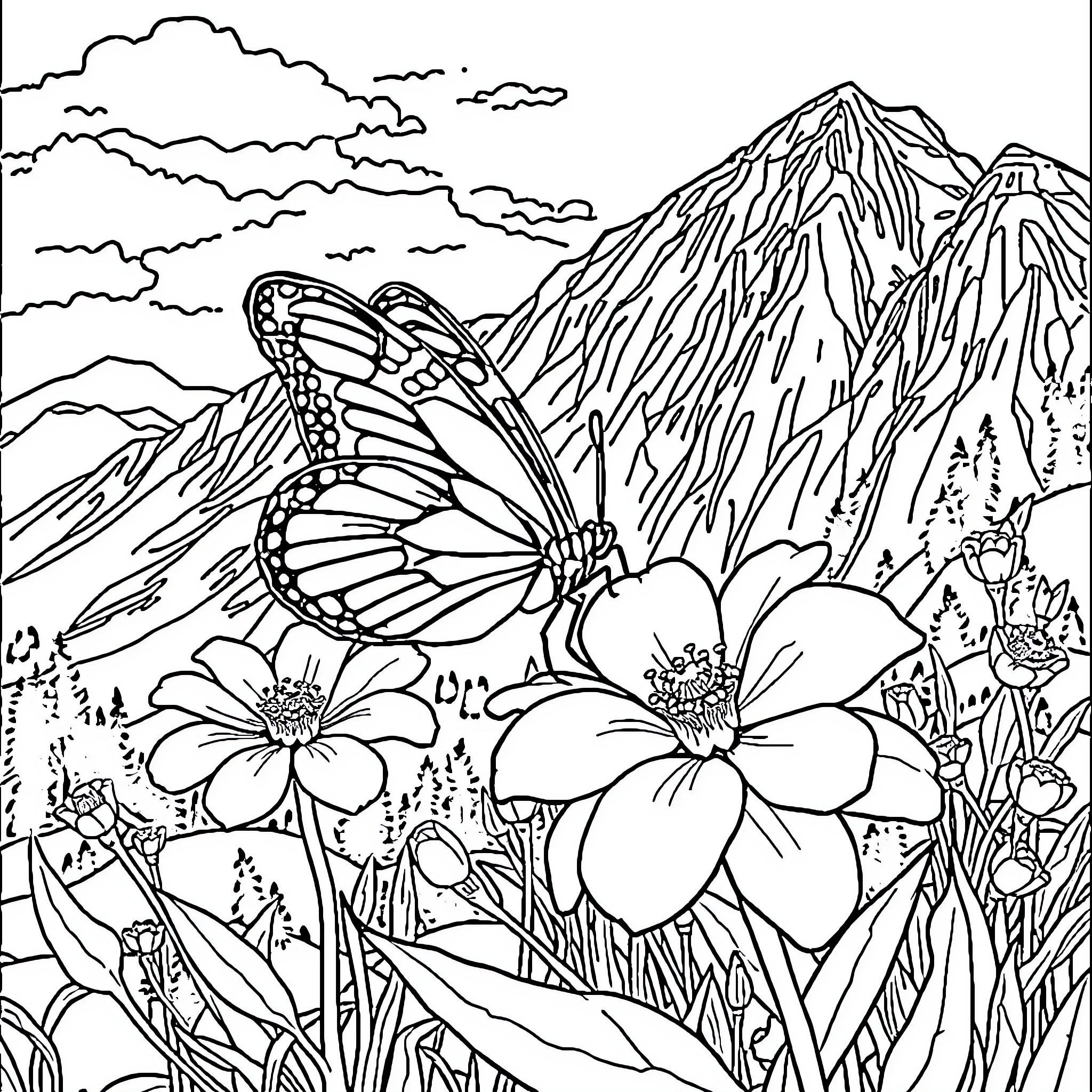 Butterfly resting on beautiful mountain flowers Coloring Page (free black-and-white line drawing printable PDF for all, from beginners to advanced learners, including children, teens, adults, and seniors)