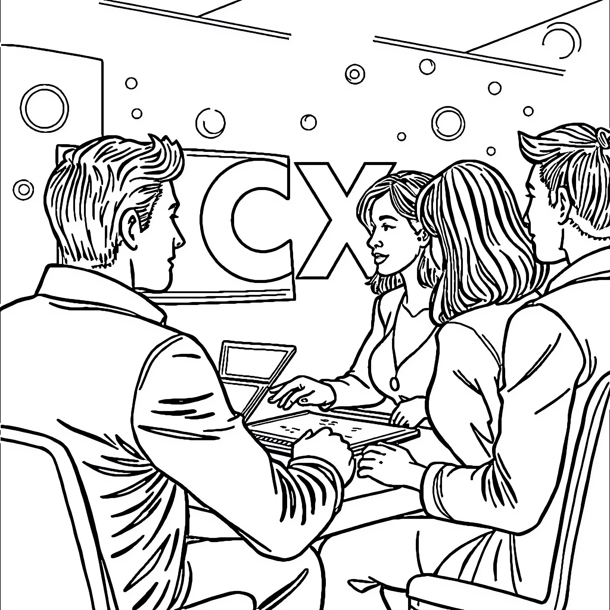 CX Governance: Business professionals collaborating in office Coloring Page (free black-and-white line drawing printable PDF for all, from beginners to advanced learners, including children, teens, adults, and seniors)
