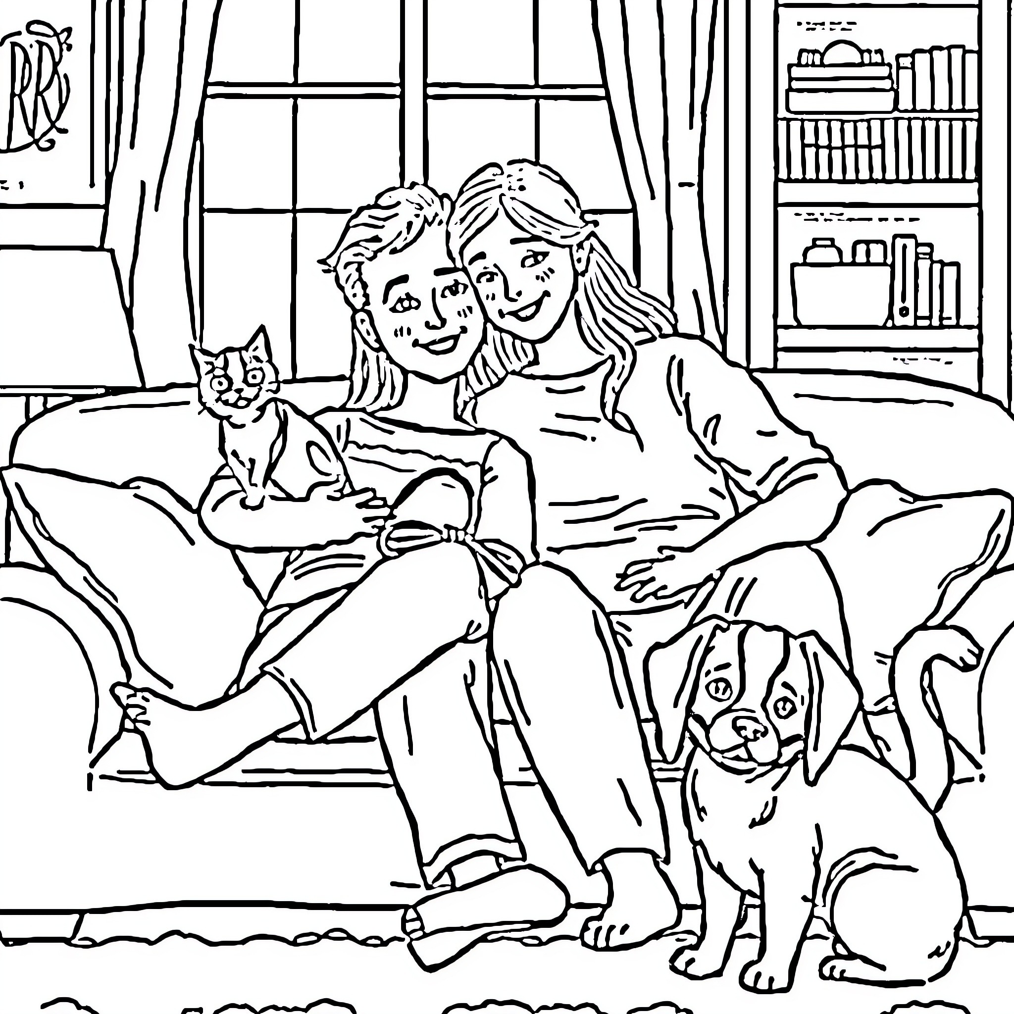 Girl relaxing with her pets at home Coloring Page (free black-and-white line drawing printable PDF for all, from beginners to advanced learners, including children, teens, adults, and seniors)