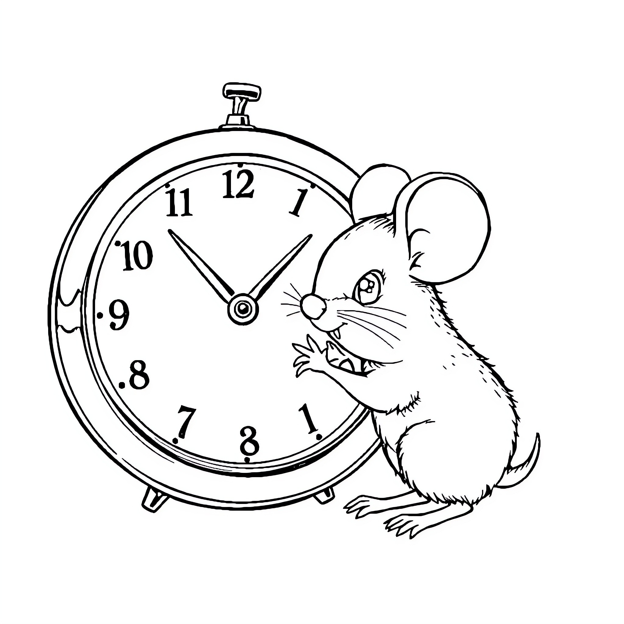 Mouse climbing on alarm clock Coloring Page (free black-and-white line drawing printable PDF for all, from beginners to advanced learners, including children, teens, adults, and seniors)
