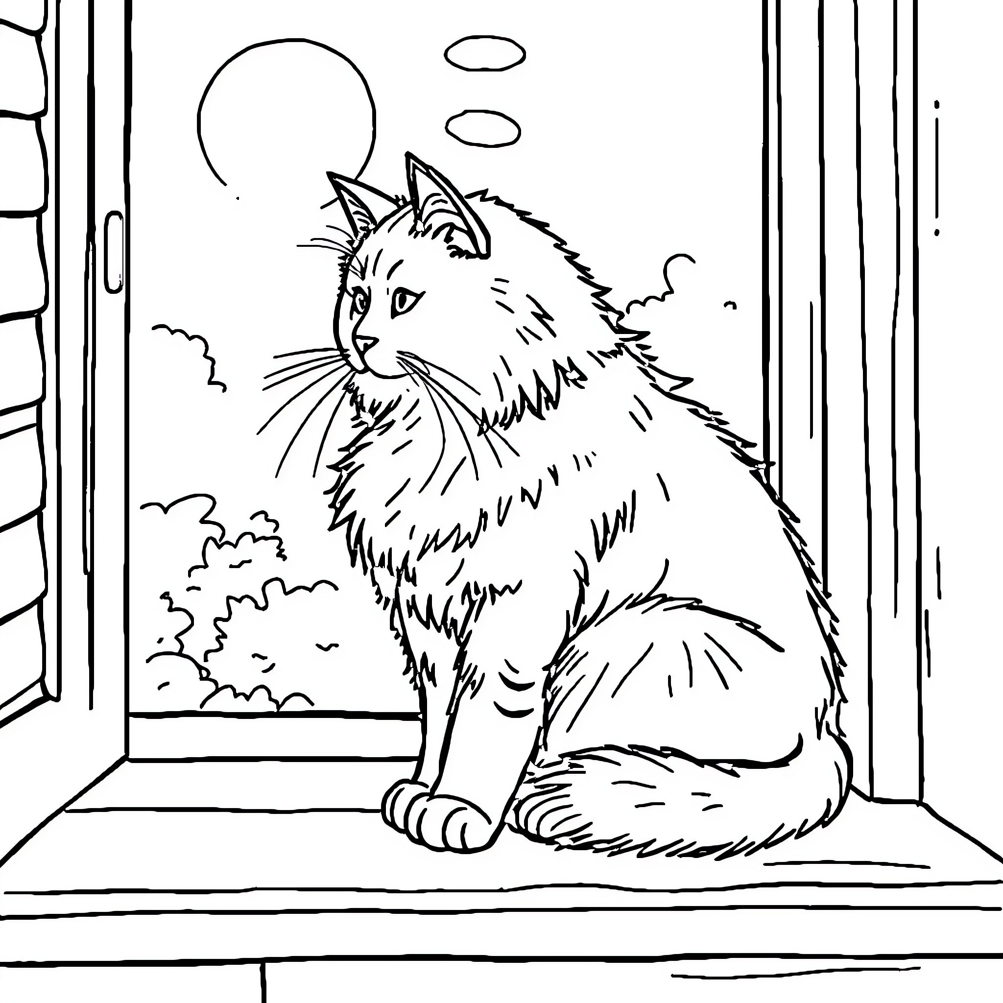 Cat gazing out the window Coloring Page (free black-and-white line drawing printable PDF for all, from beginners to advanced learners, including children, teens, adults, and seniors)