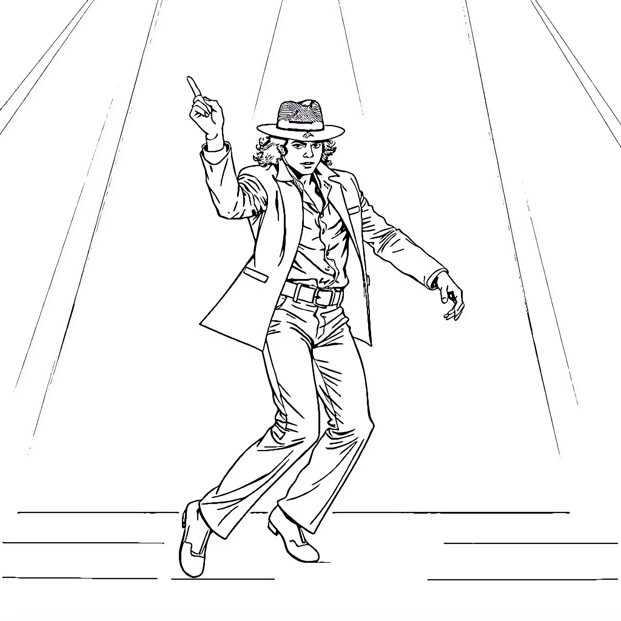 Michael Jackson's Iconic Dance Moves on Stage Coloring Page (free black-and-white line drawing printable PDF for all, from beginners to advanced learners, including children, teens, adults, and seniors)