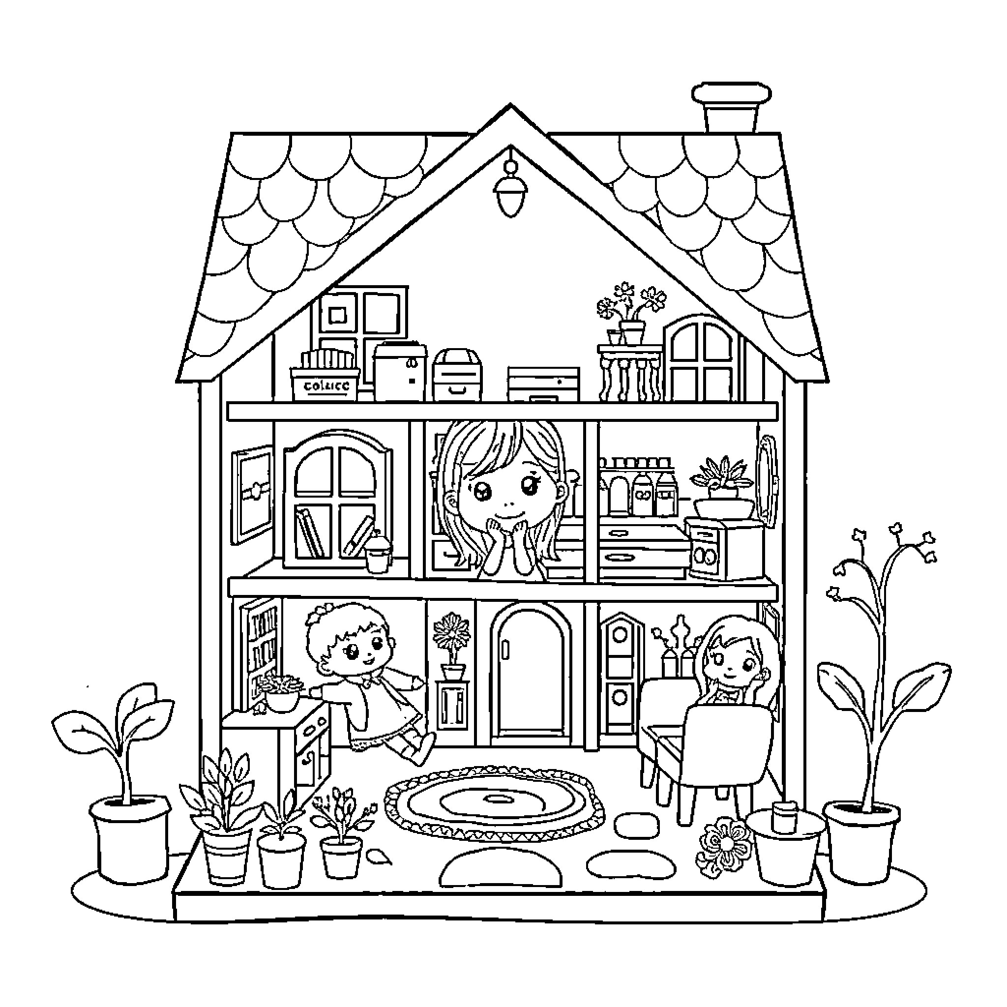 Dollhouse with children playing and exploring Coloring Page (free black-and-white line drawing printable PDF for all, from beginners to advanced learners, including children, teens, adults, and seniors)