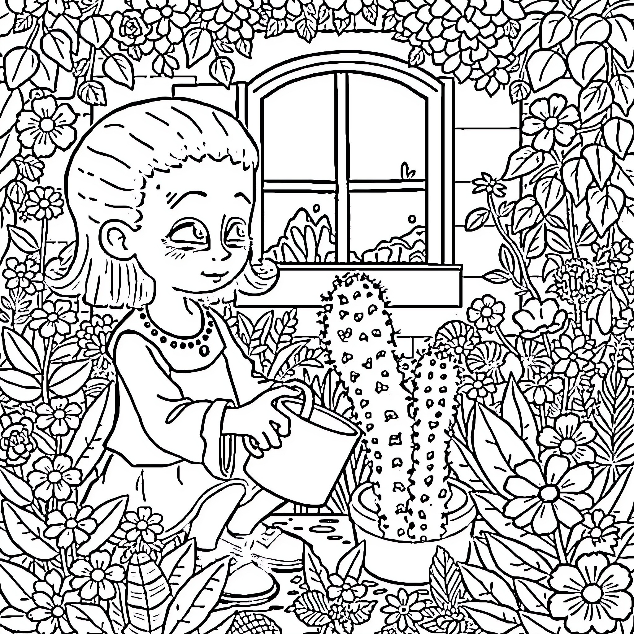 Frankenstein gardening in a lush floral paradise Coloring Page (free black-and-white line drawing printable PDF for all, from beginners to advanced learners, including children, teens, adults, and seniors)