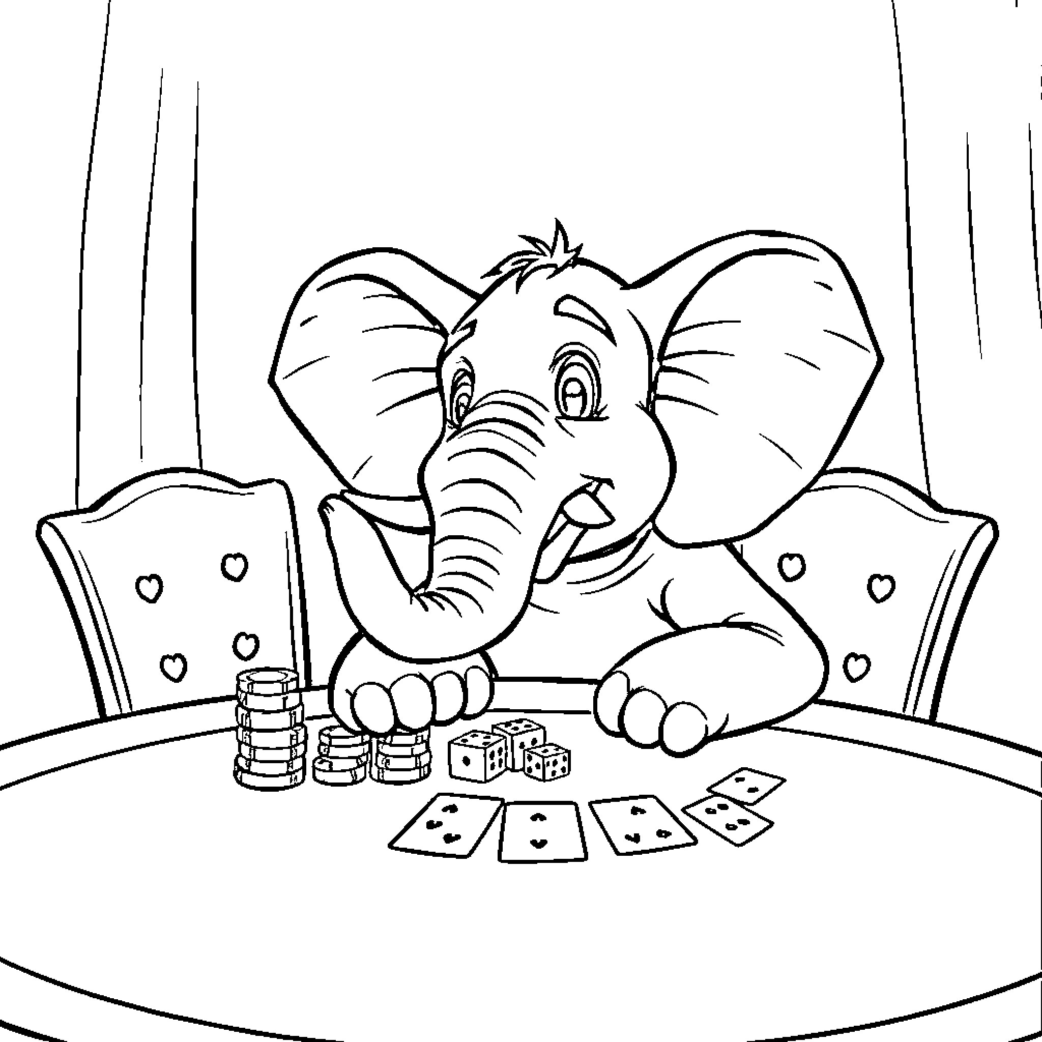 Elephant playing card games with stacks of coins Coloring Page (free black-and-white line drawing printable PDF for all, from beginners to advanced learners, including children, teens, adults, and seniors)