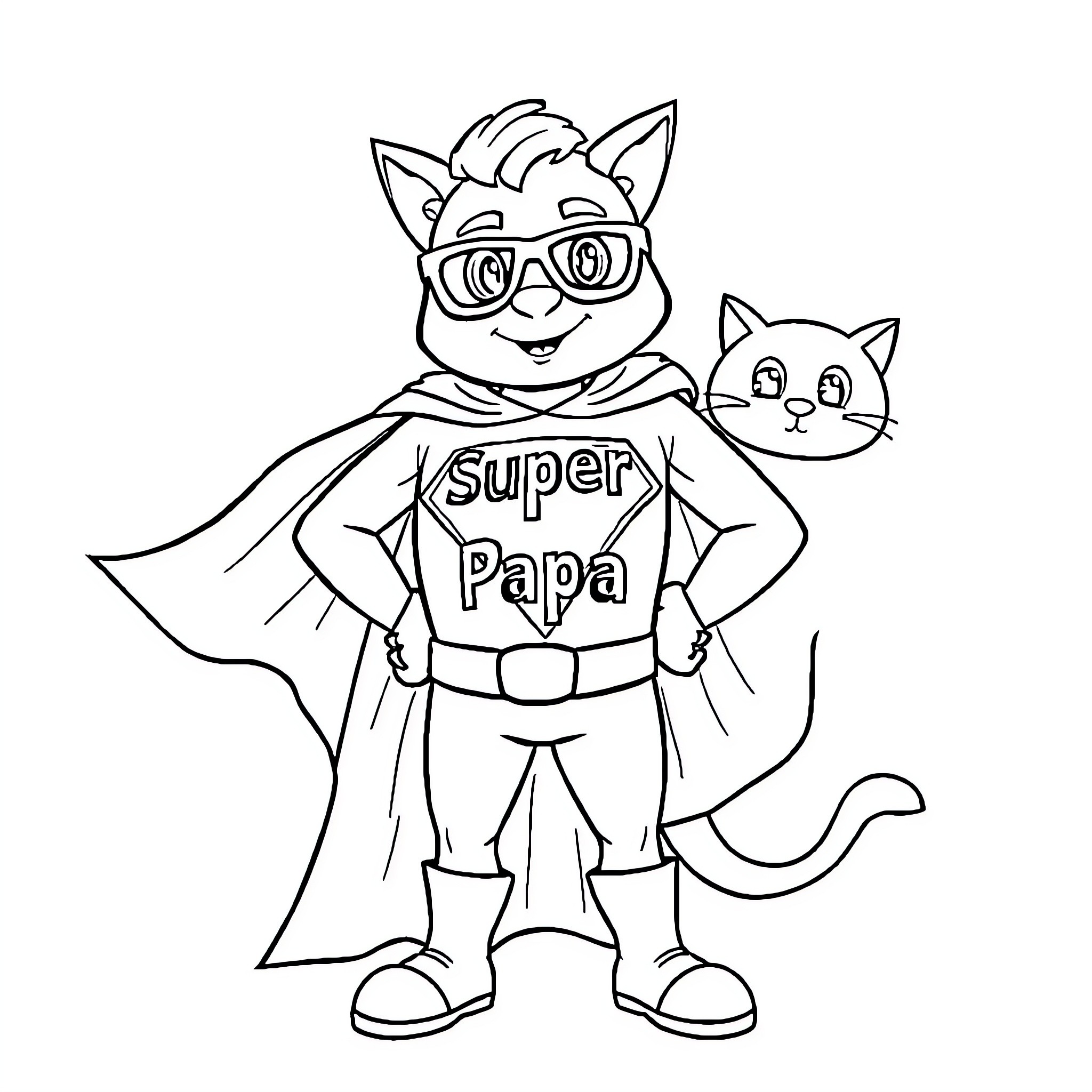Superdad and Sidekick Cat in Heroic Poses Coloring Page (free black-and-white line drawing printable PDF for all, from beginners to advanced learners, including children, teens, adults, and seniors)