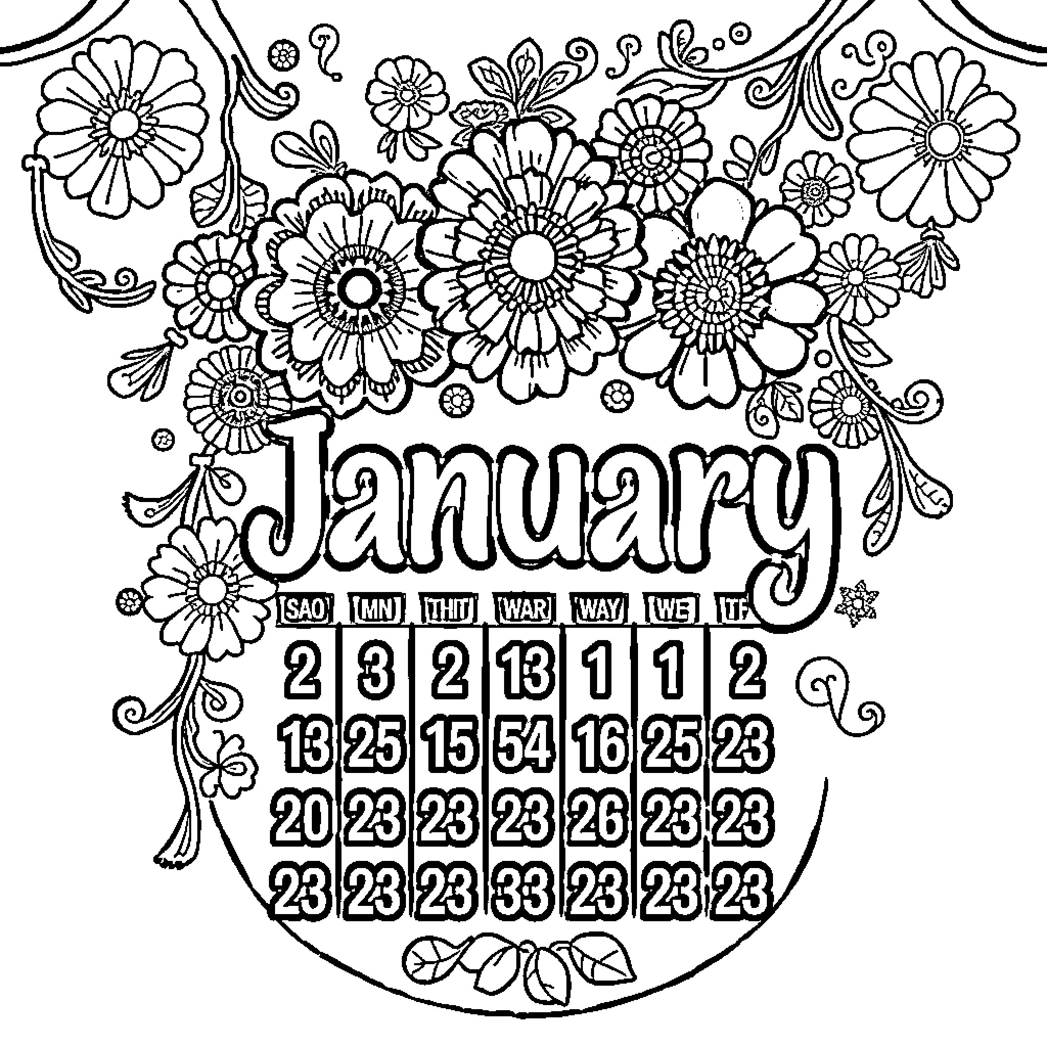 Calendar of Floral Designs and Patterns Coloring Page (free black-and-white line drawing printable PDF for all, from beginners to advanced learners, including children, teens, adults, and seniors)