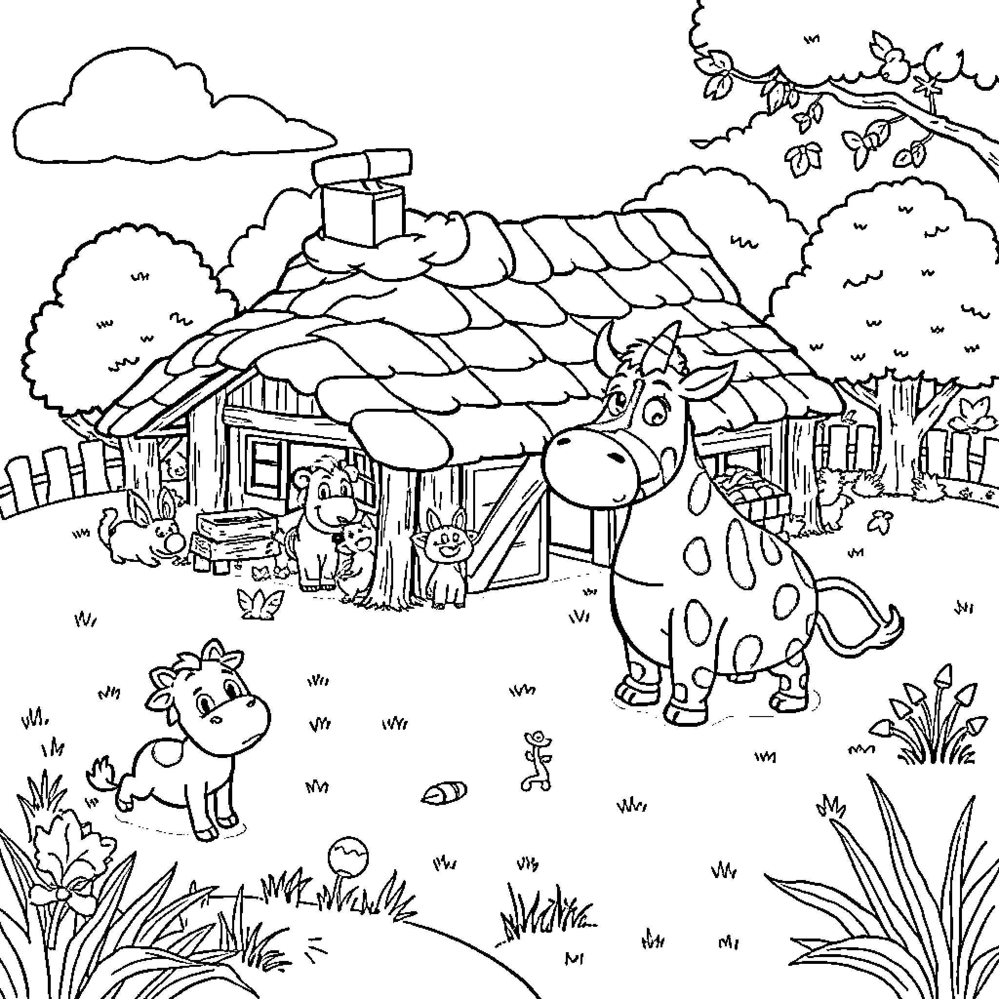 Granja: Farmhouse with Grazing Animals in the Countryside Coloring Page (free black-and-white line drawing printable PDF for all, from beginners to advanced learners, including children, teens, adults, and seniors)