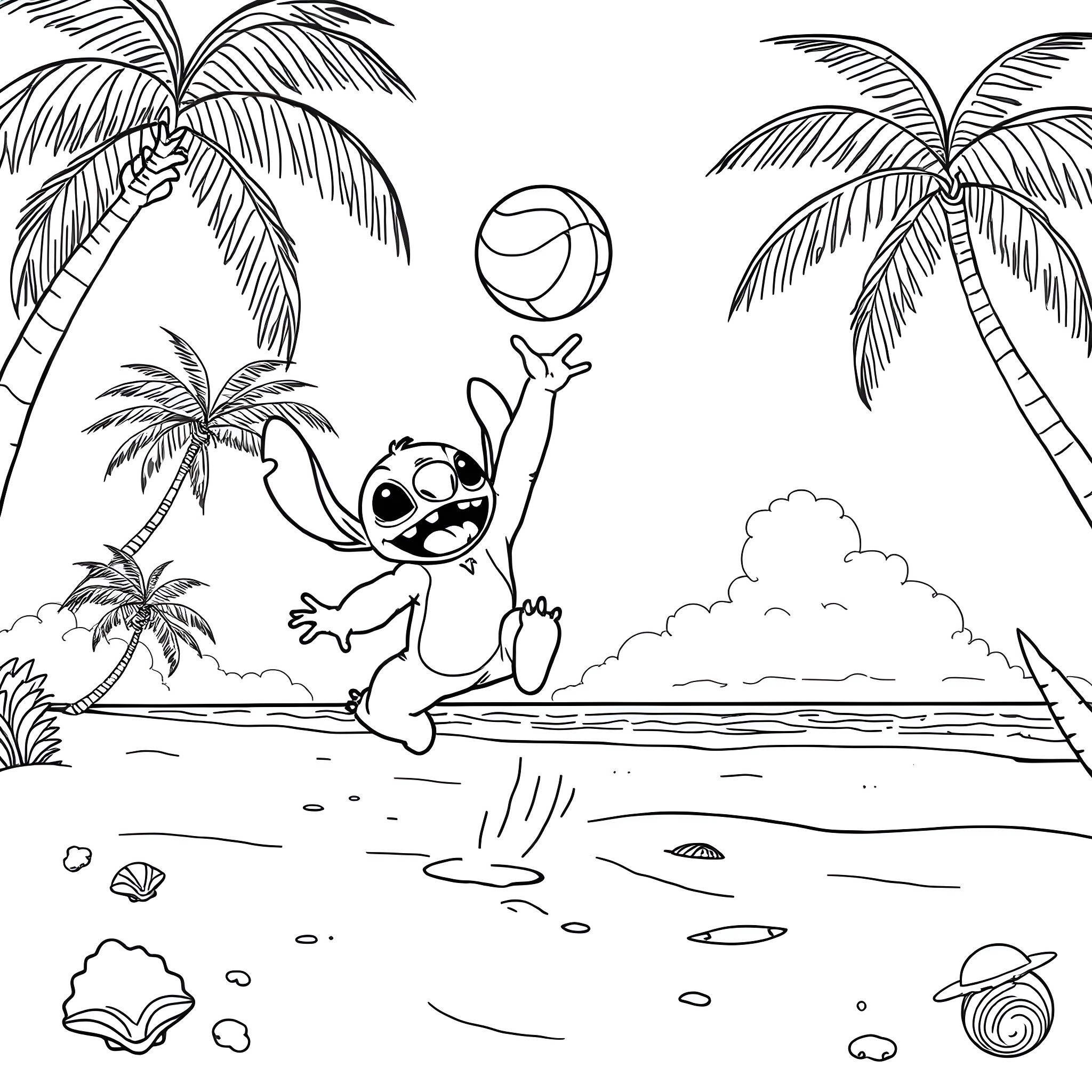 Stitch playing with beach ball under palm trees Coloring Page (free black-and-white line drawing printable PDF for all, from beginners to advanced learners, including children, teens, adults, and seniors)