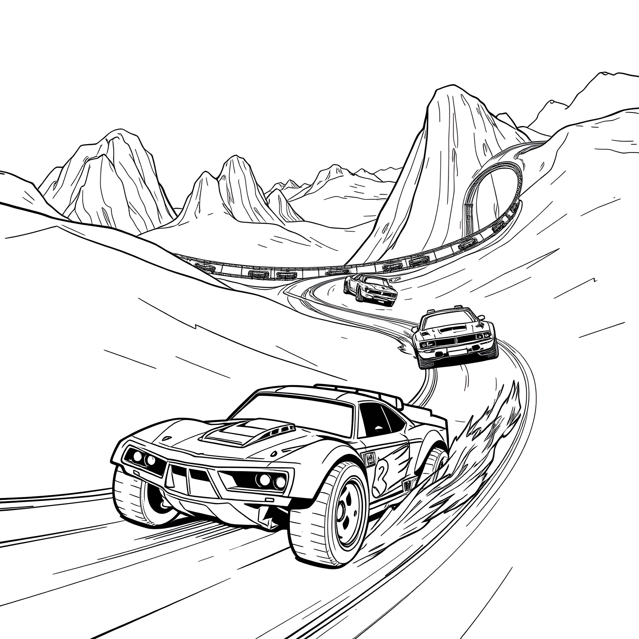 Hot Wheels racing through mountain landscape Coloring Page (free black-and-white line drawing printable PDF for all, from beginners to advanced learners, including children, teens, adults, and seniors)