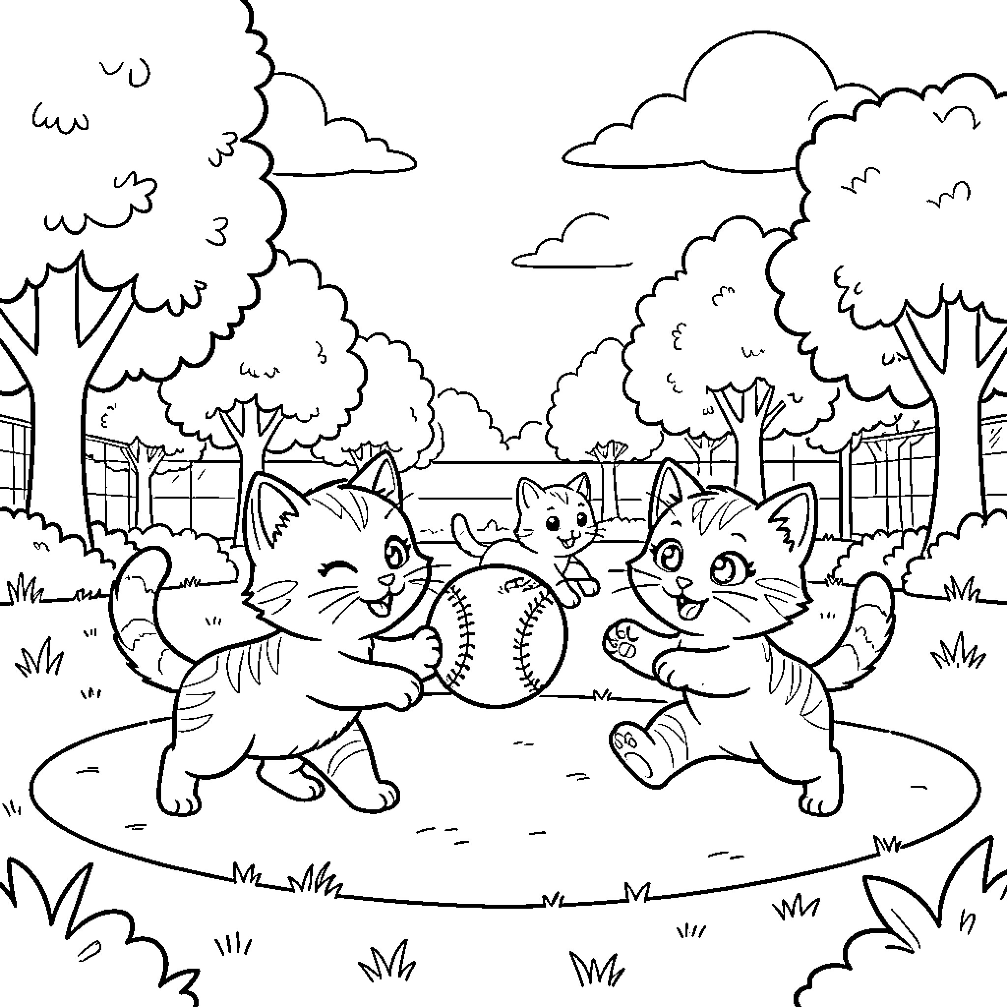 Kitty Kittens Playing with Baseball in Park Coloring Page (free black-and-white line drawing printable PDF for all, from beginners to advanced learners, including children, teens, adults, and seniors)