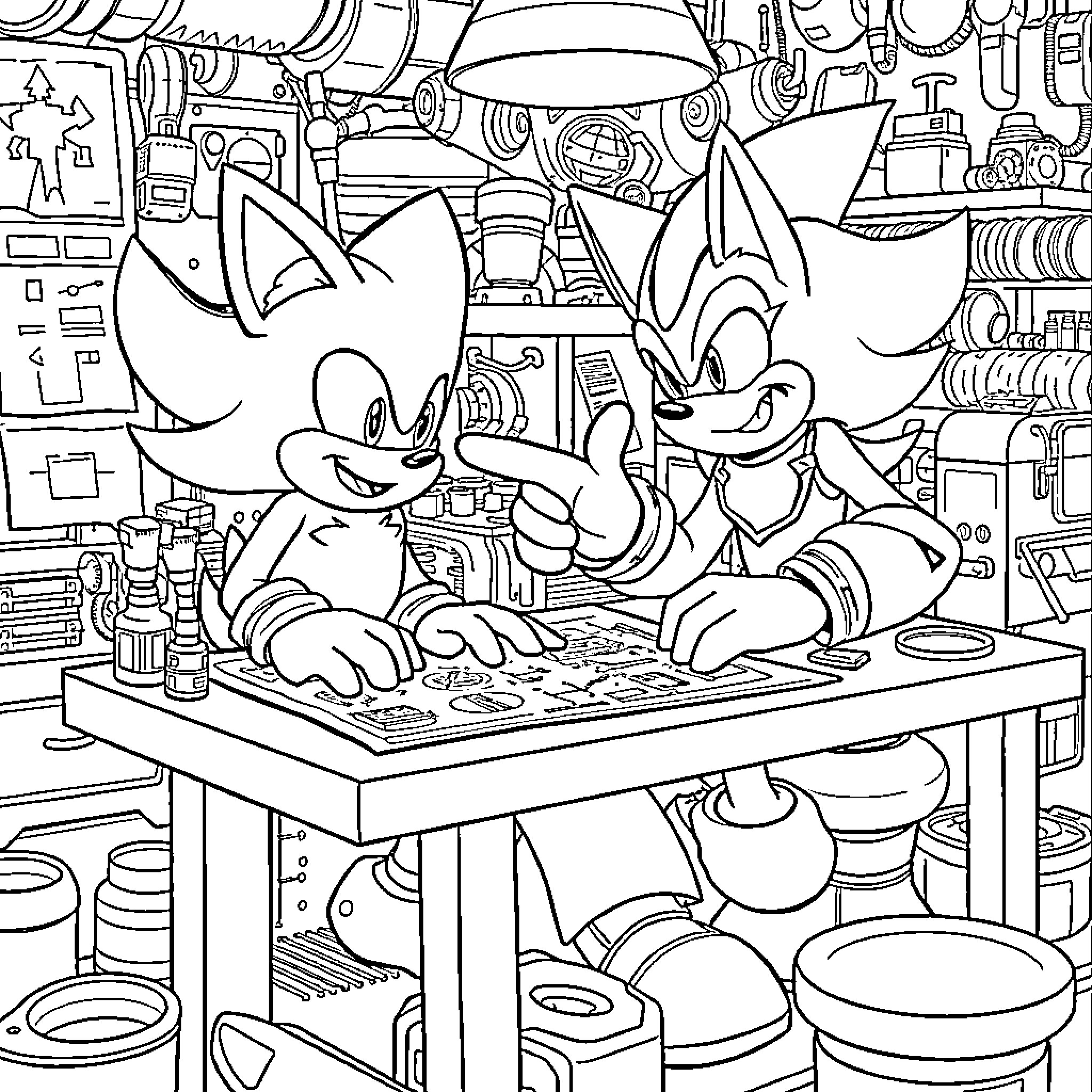 Tails Working Together in Busy Workshop Coloring Page (free black-and-white line drawing printable PDF for all, from beginners to advanced learners, including children, teens, adults, and seniors)