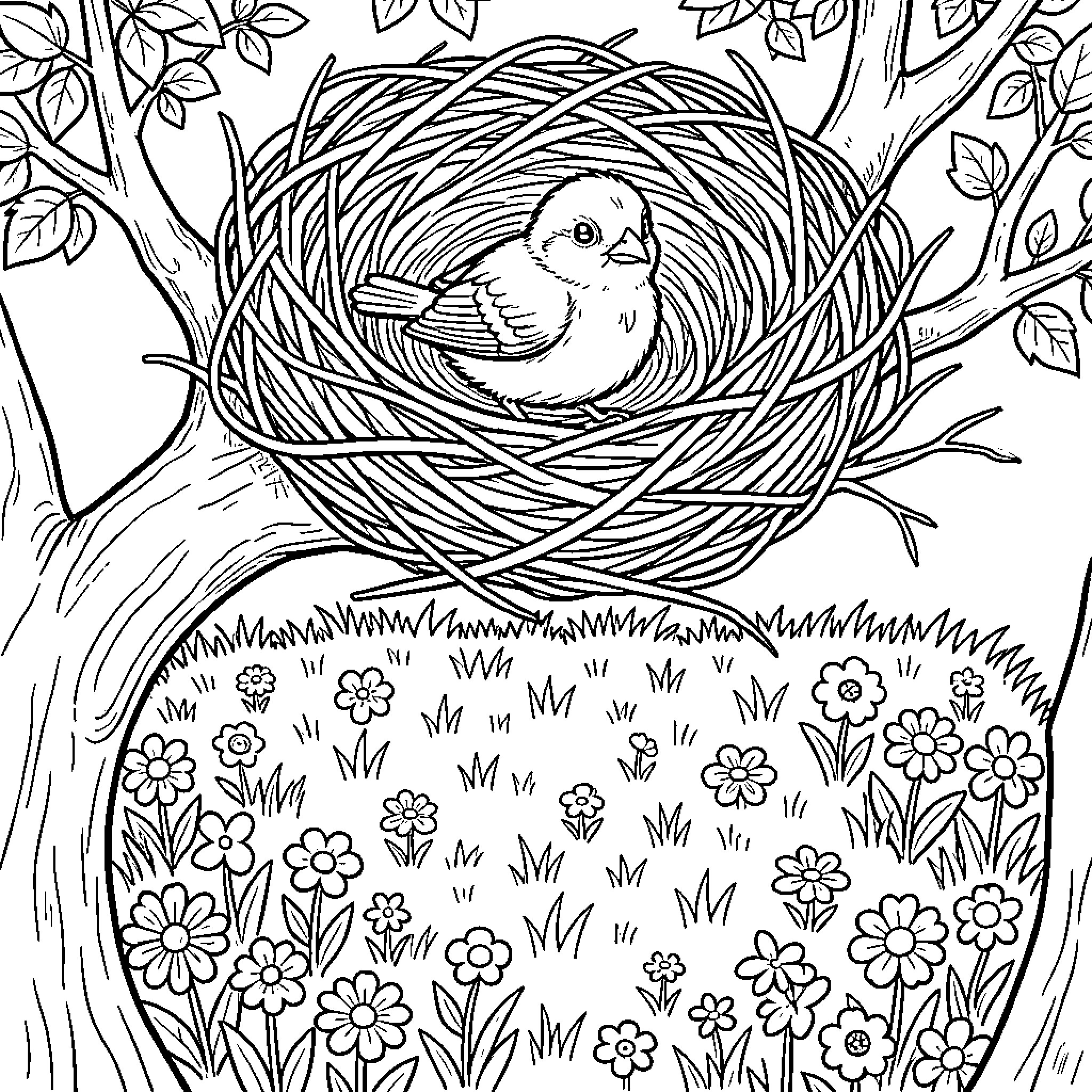 Bird's cozy nest surrounded by nature Coloring Page (free black-and-white line drawing printable PDF for all, from beginners to advanced learners, including children, teens, adults, and seniors)