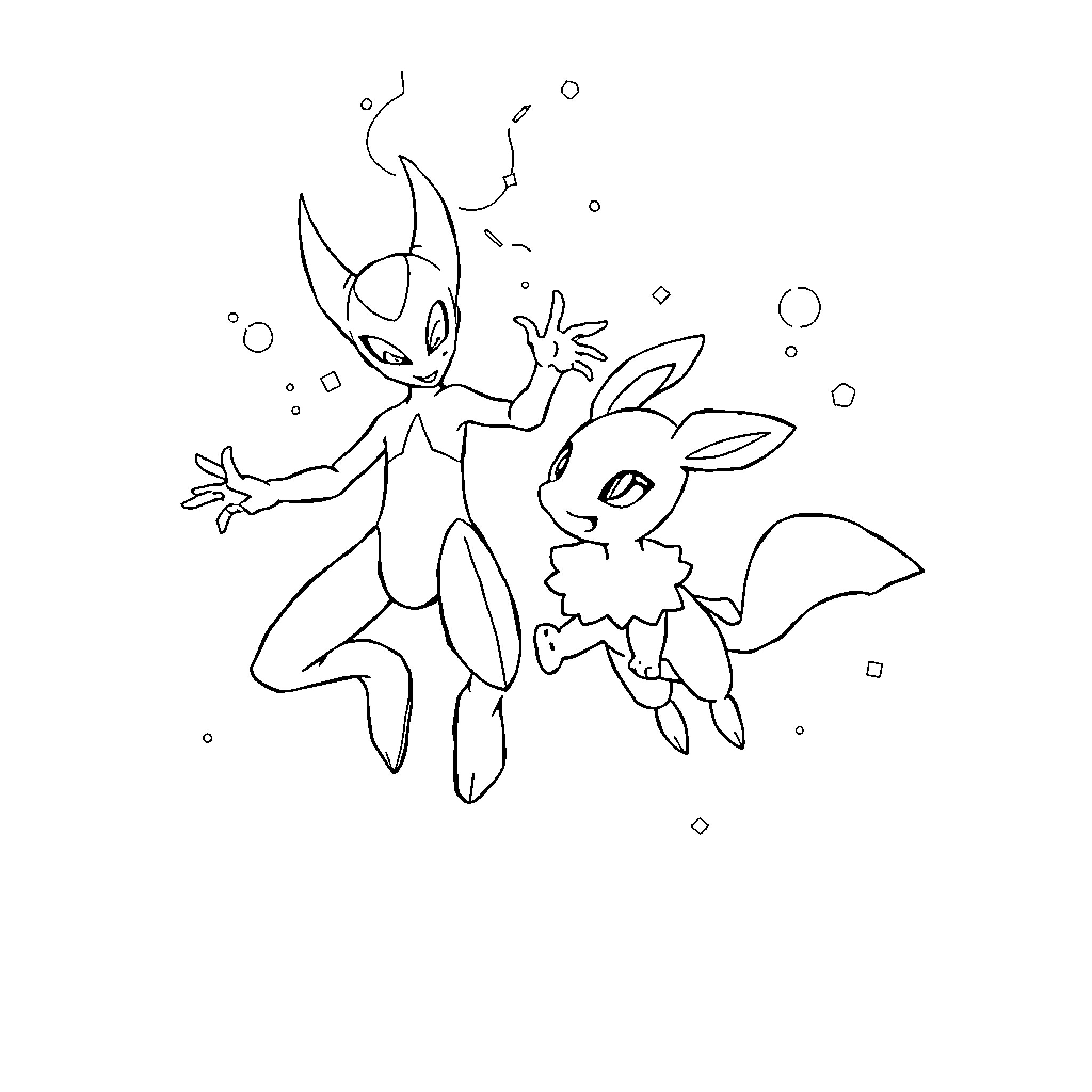 Mewtwo interacting playfully with a small creature Coloring Page (free black-and-white line drawing printable PDF for all, from beginners to advanced learners, including children, teens, adults, and seniors)