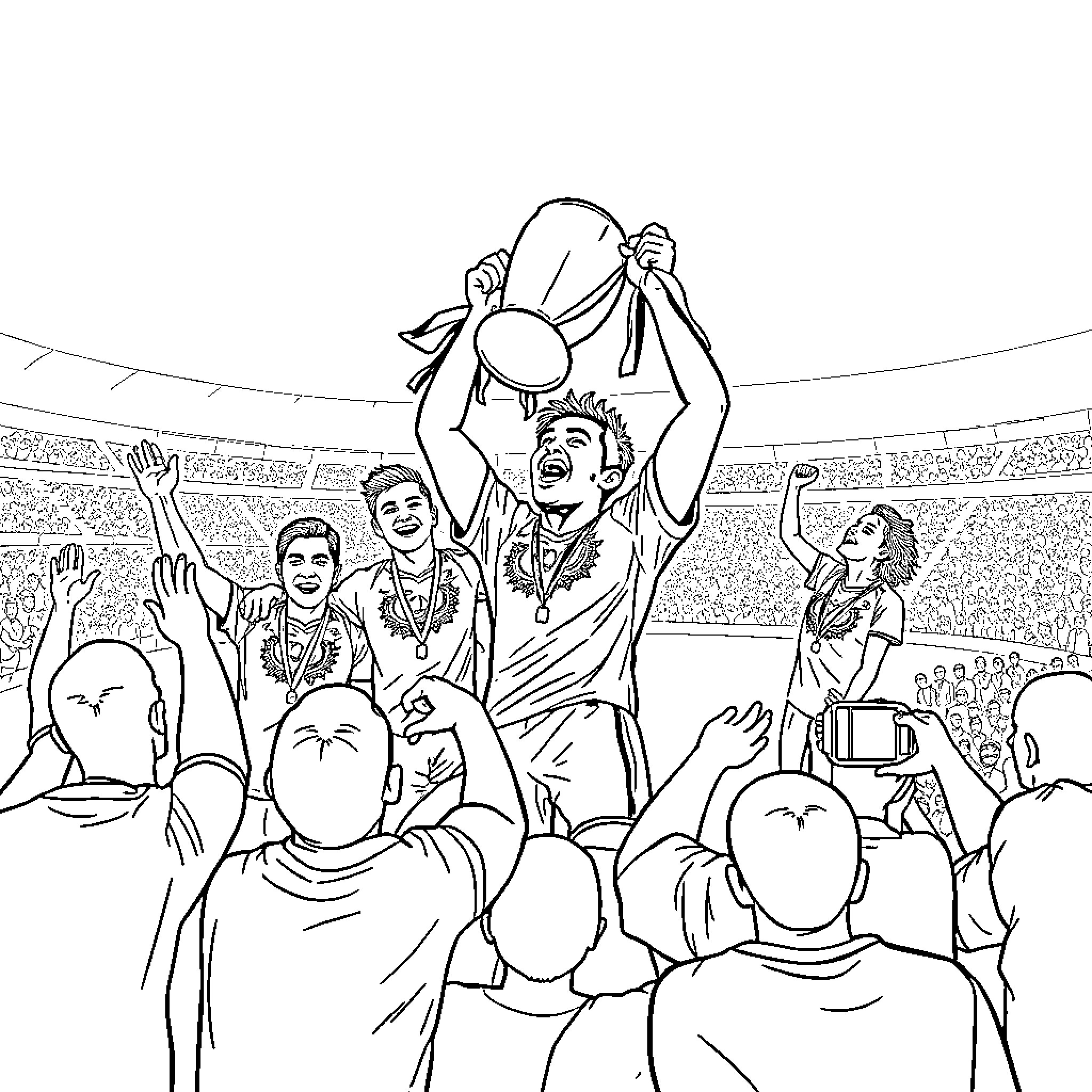 Toluca FC celebrates championship victory with fans Coloring Page (free black-and-white line drawing printable PDF for all, from beginners to advanced learners, including children, teens, adults, and seniors)