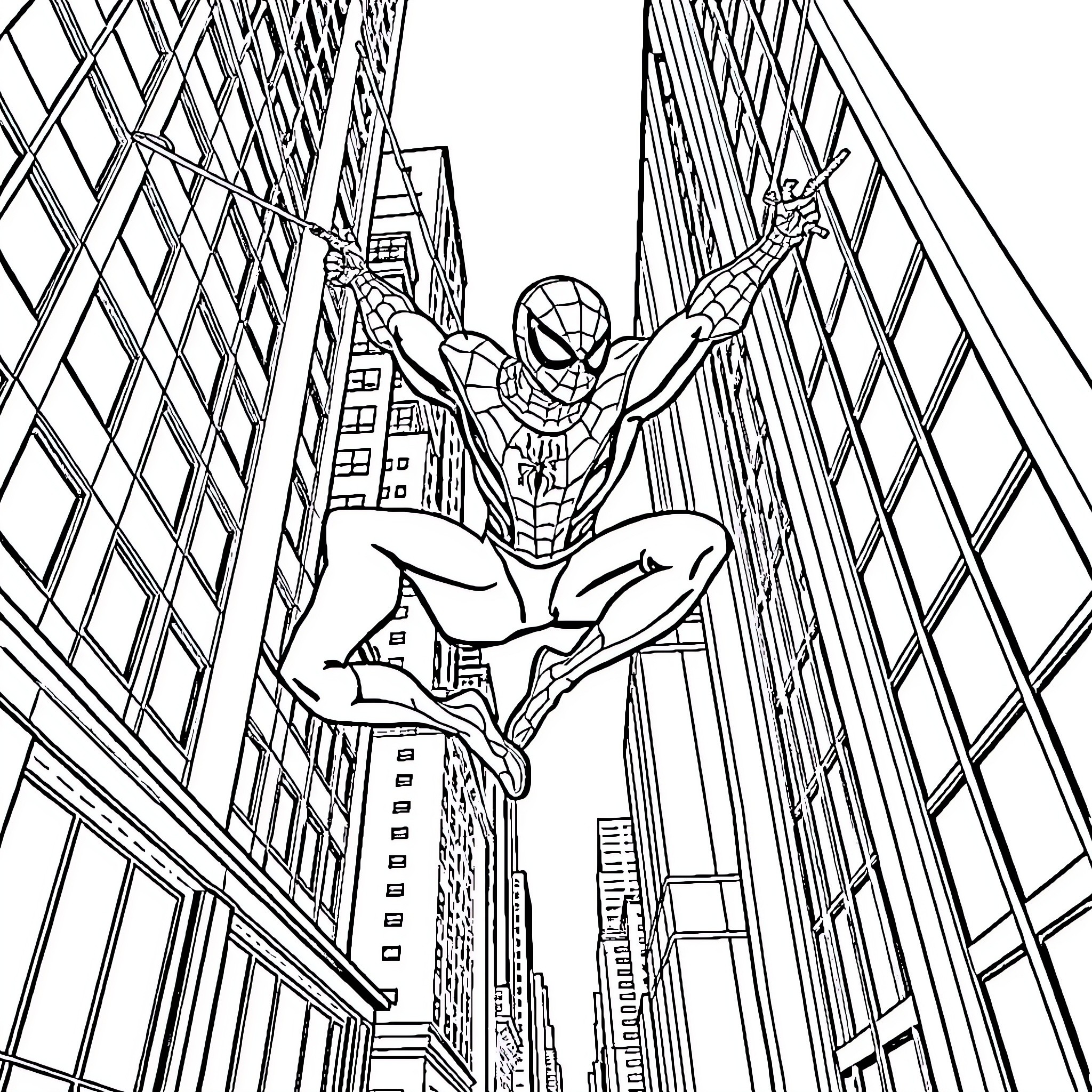 Spiderman swinging through the city skyscrapers Coloring Page (free black-and-white line drawing printable PDF for all, from beginners to advanced learners, including children, teens, adults, and seniors)