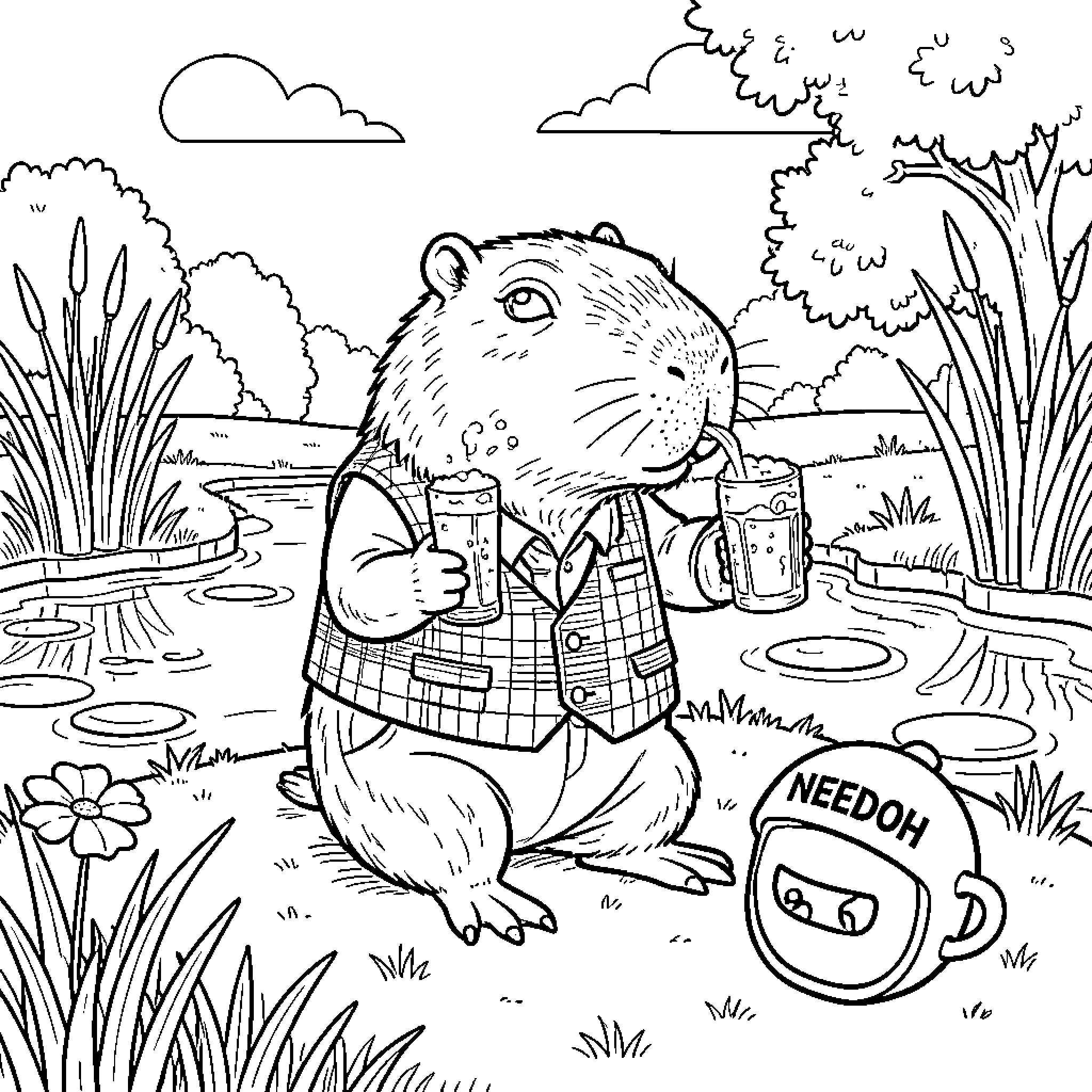 Capybara wearing a vest and drinking beverages Coloring Page (free black-and-white line drawing printable PDF for all, from beginners to advanced learners, including children, teens, adults, and seniors)