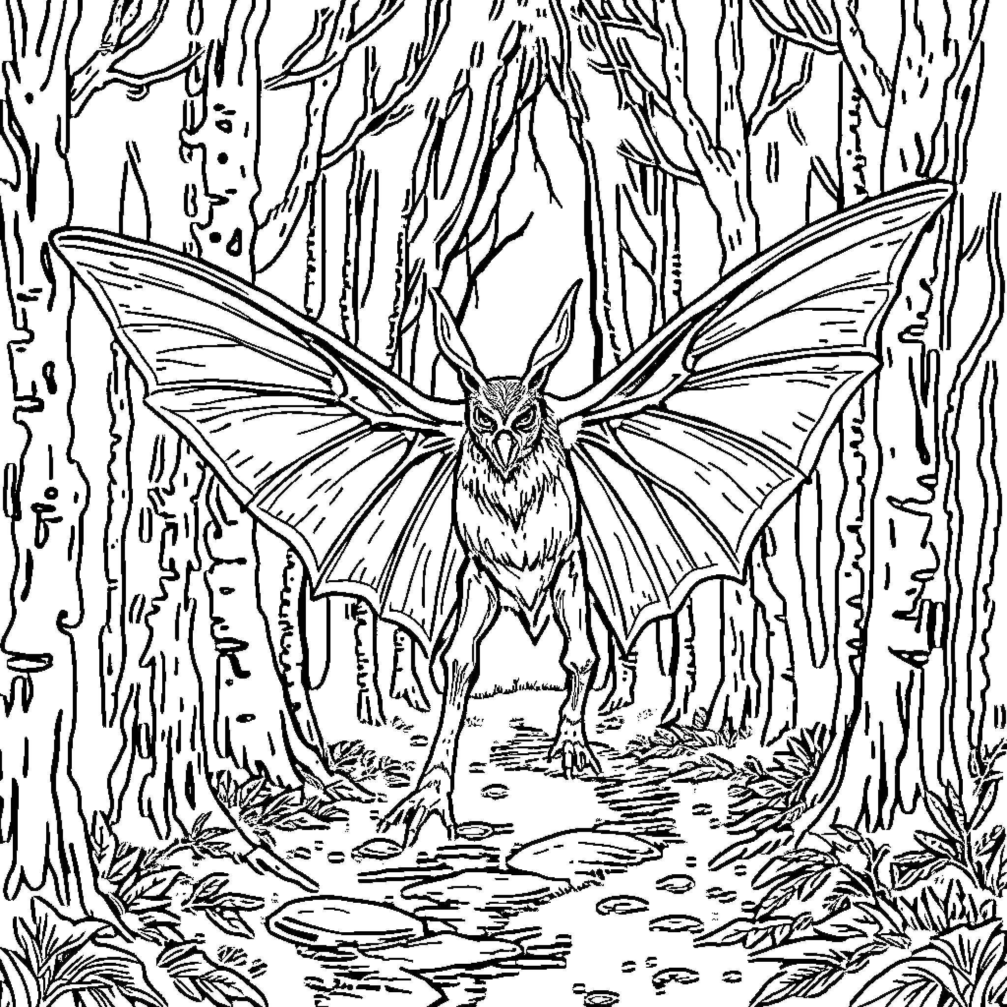 Mothman soars through the mysterious forest Coloring Page (free black-and-white line drawing printable PDF for all, from beginners to advanced learners, including children, teens, adults, and seniors)