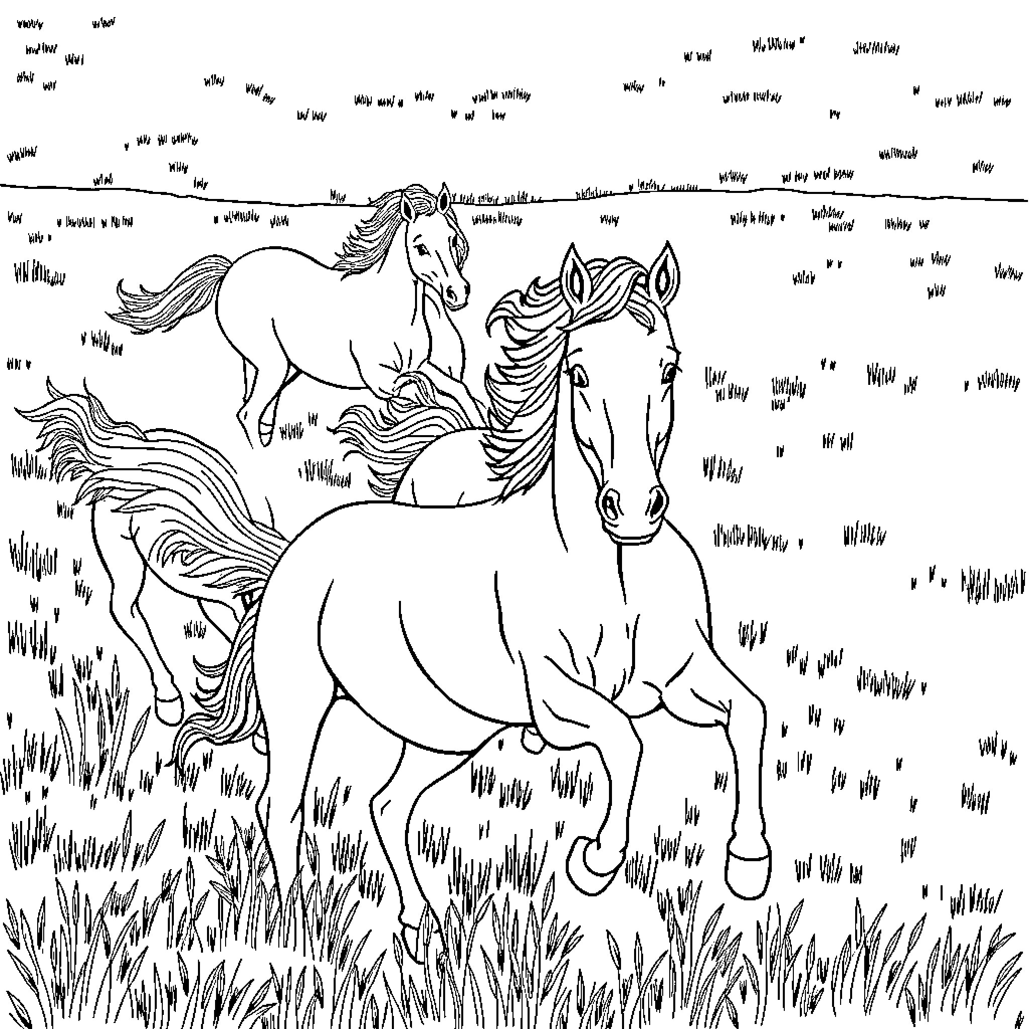 Horses grazing peacefully in a grassy field Coloring Page (free black-and-white line drawing printable PDF for all, from beginners to advanced learners, including children, teens, adults, and seniors)