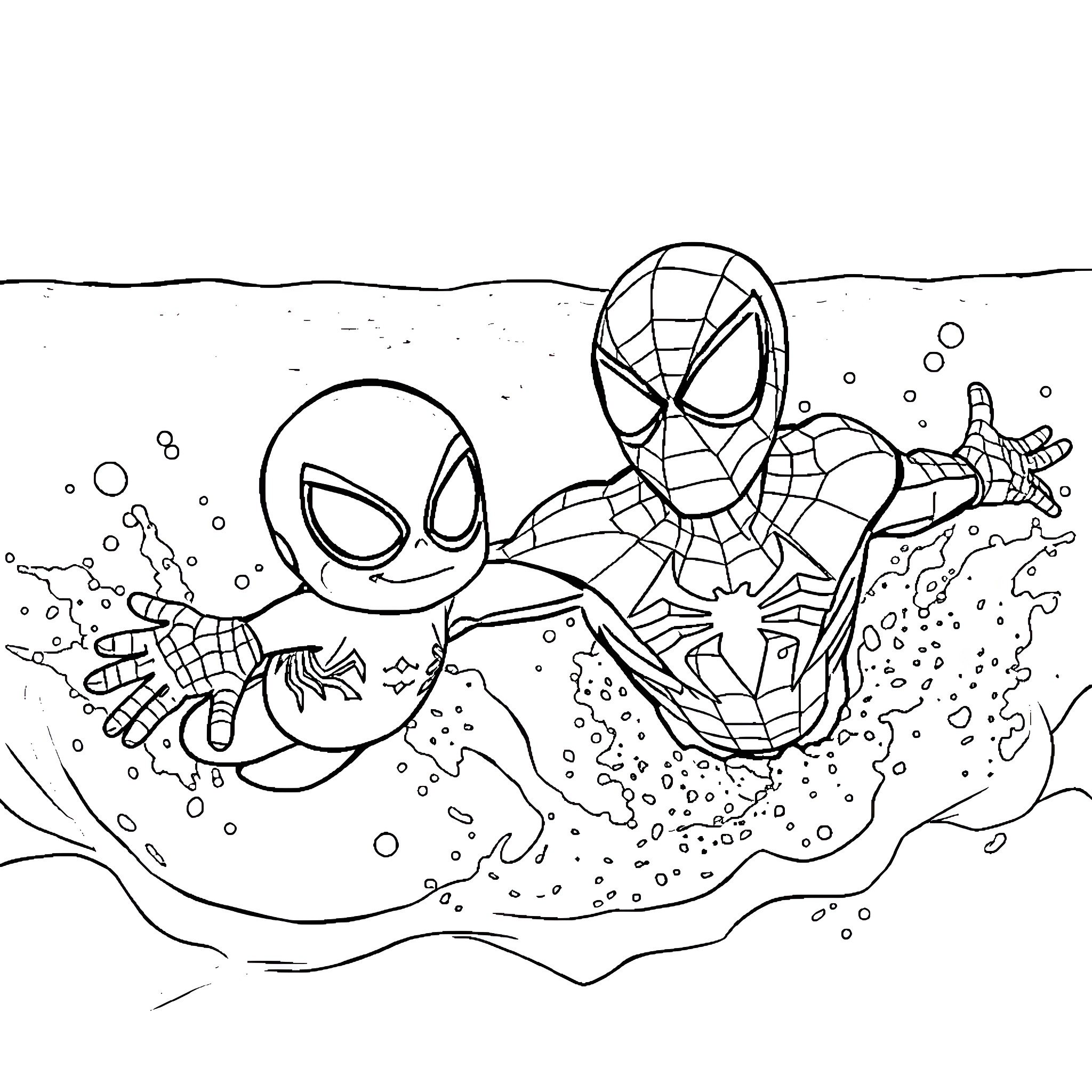 Spiderman heroically swinging through the city Coloring Page (free black-and-white line drawing printable PDF for all, from beginners to advanced learners, including children, teens, adults, and seniors)