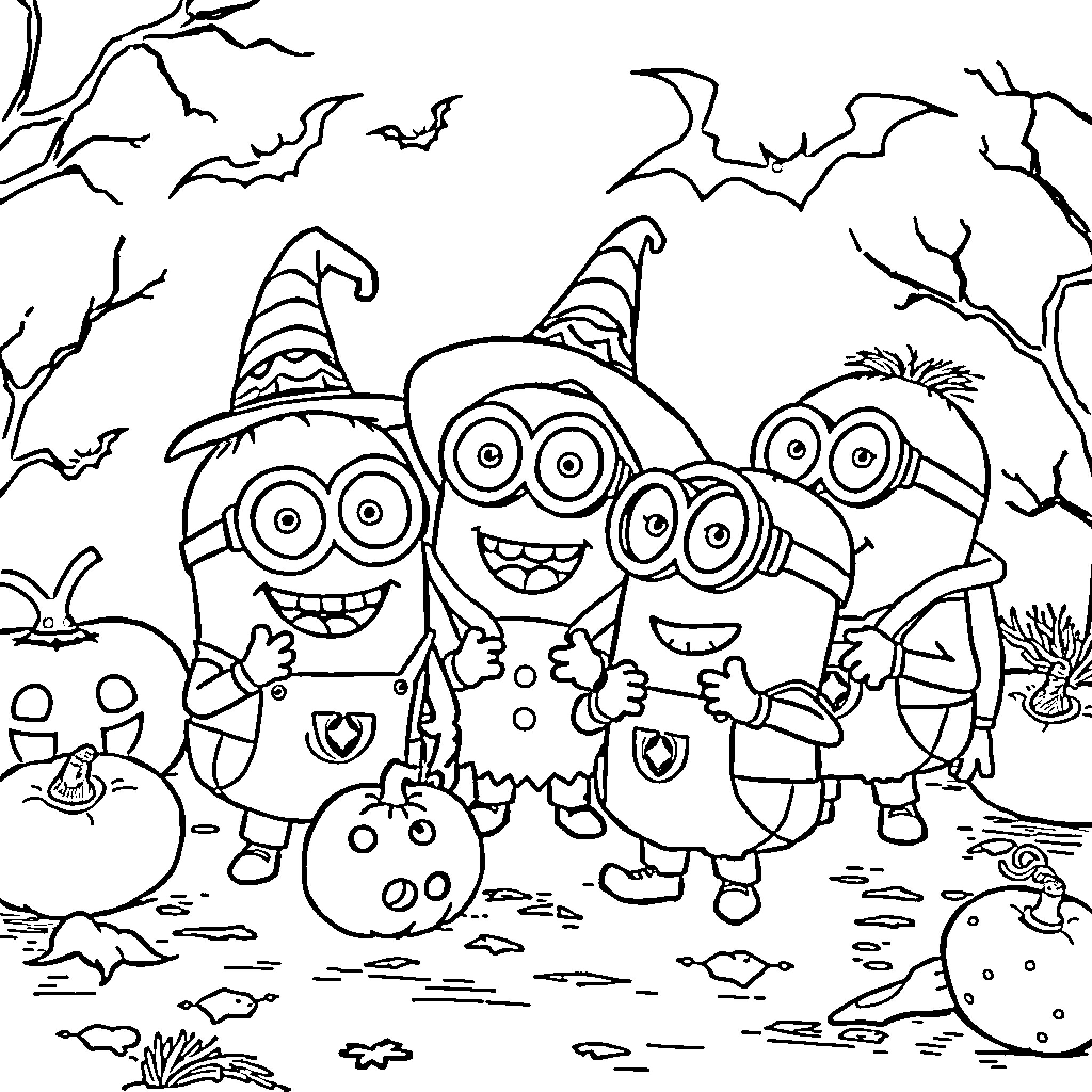 Minions Celebrating Halloween in the Spooky Forest Coloring Page (free black-and-white line drawing printable PDF for all, from beginners to advanced learners, including children, teens, adults, and seniors)