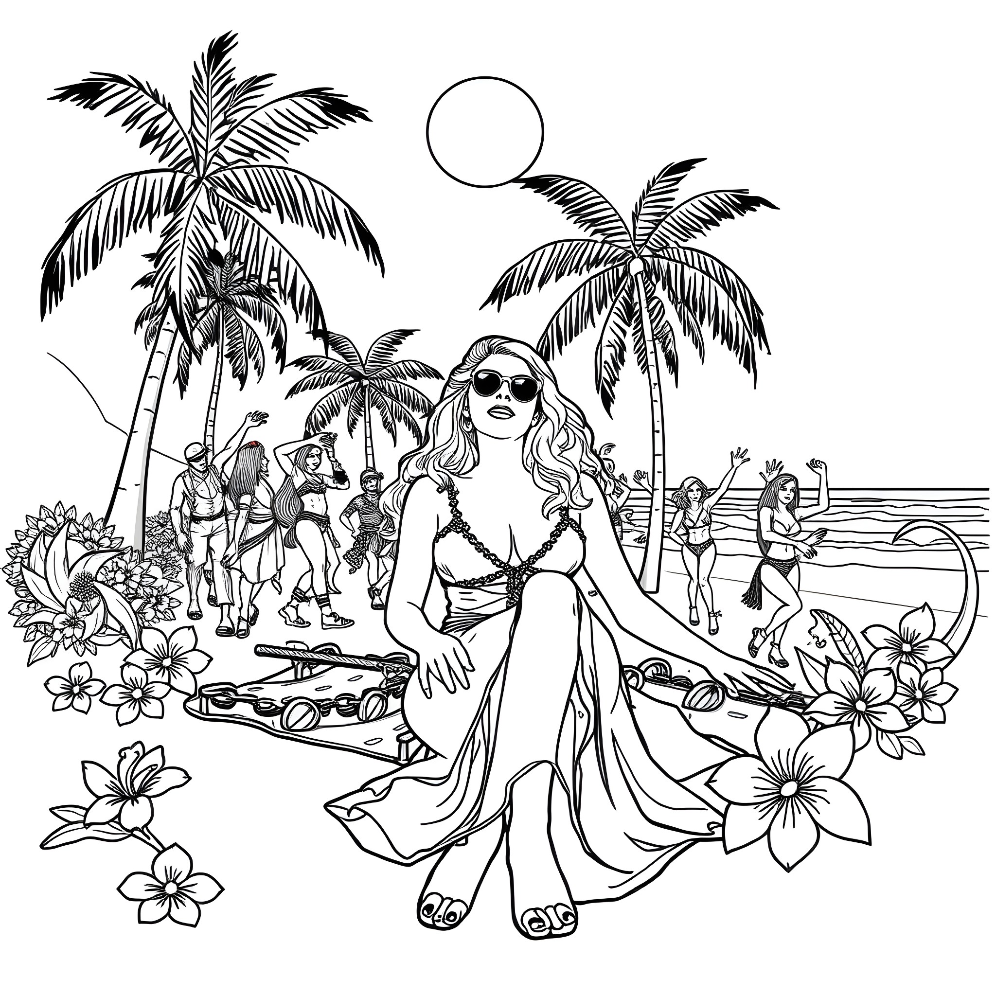 Lady Gaga in Tropical Beach Paradise with Festive Crowd Coloring Page (free black-and-white line drawing printable PDF for all, from beginners to advanced learners, including children, teens, adults, and seniors)
