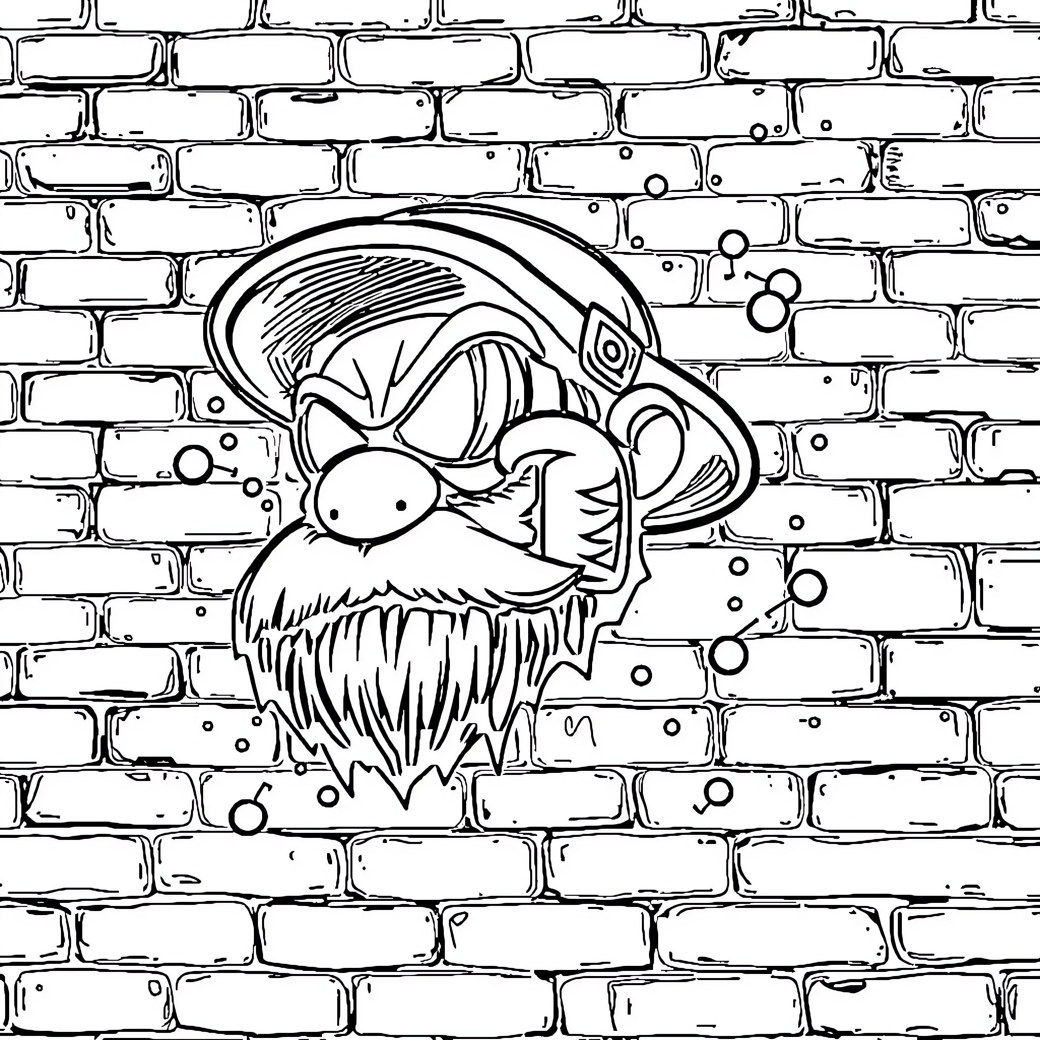 Graffiti Character with Fierce Expression on Brick Wall Coloring Page (free black-and-white line drawing printable PDF for all, from beginners to advanced learners, including children, teens, adults, and seniors)