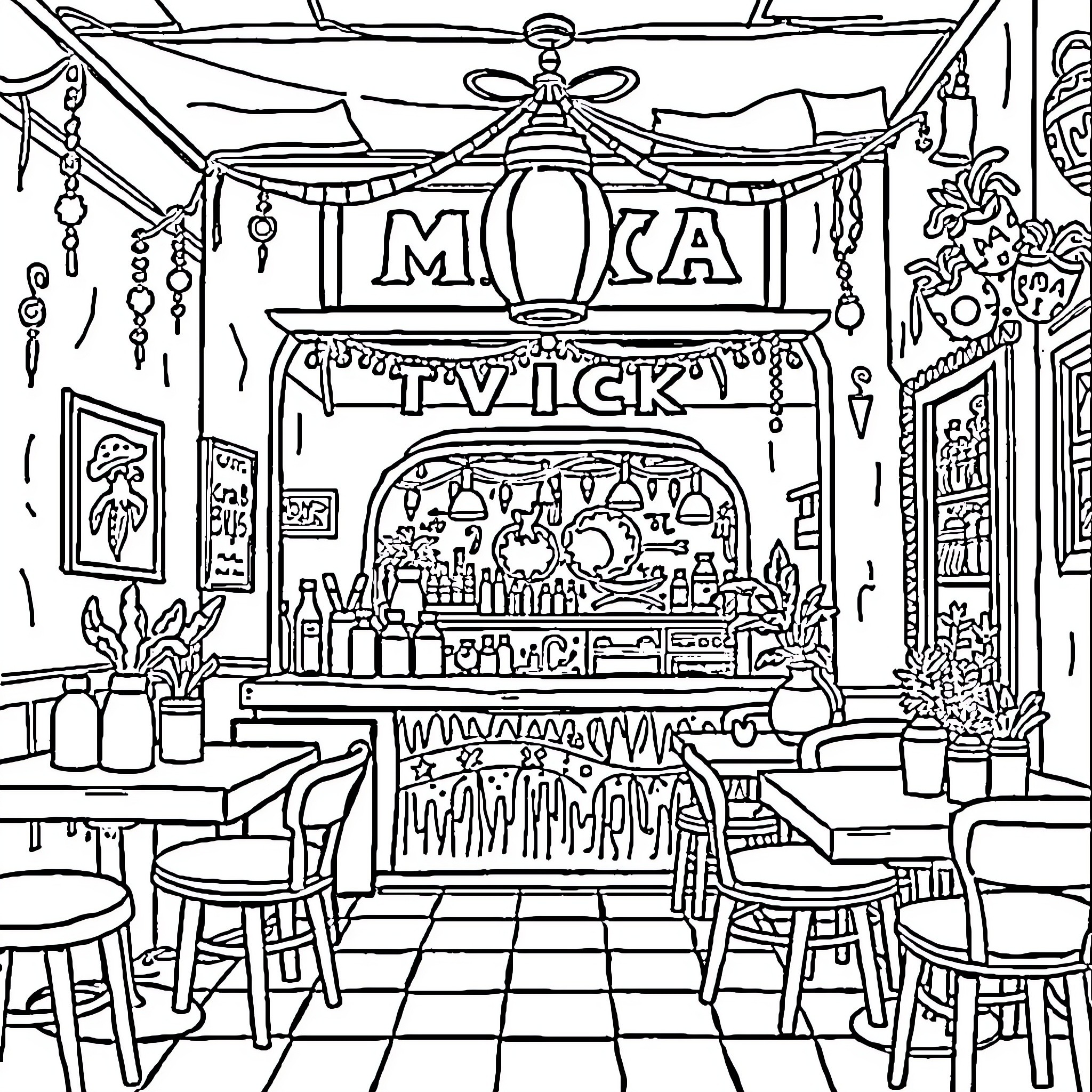 Restaurant with decorative sign and bustling interior Coloring Page (free black-and-white line drawing printable PDF for all, from beginners to advanced learners, including children, teens, adults, and seniors)