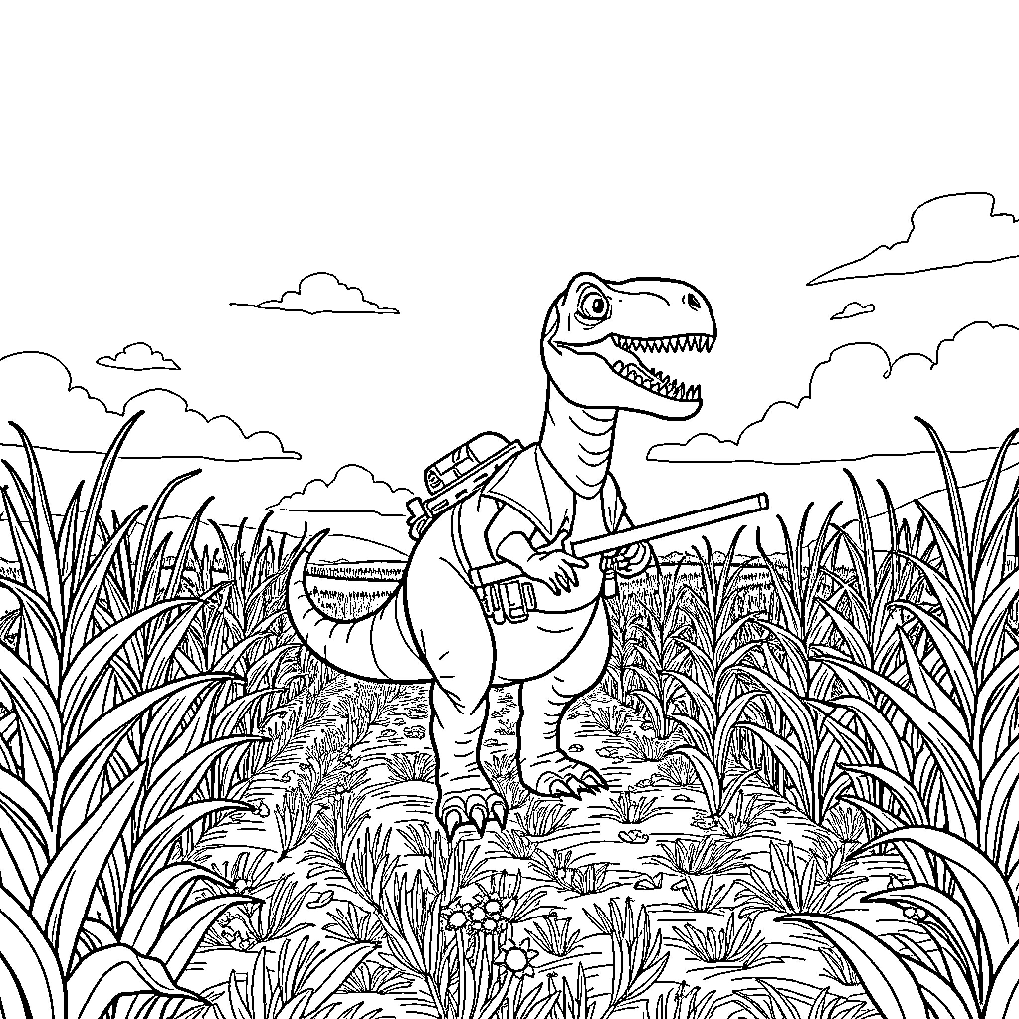 Dinosaur exploring the lush jungle landscape Coloring Page (free black-and-white line drawing printable PDF for all, from beginners to advanced learners, including children, teens, adults, and seniors)