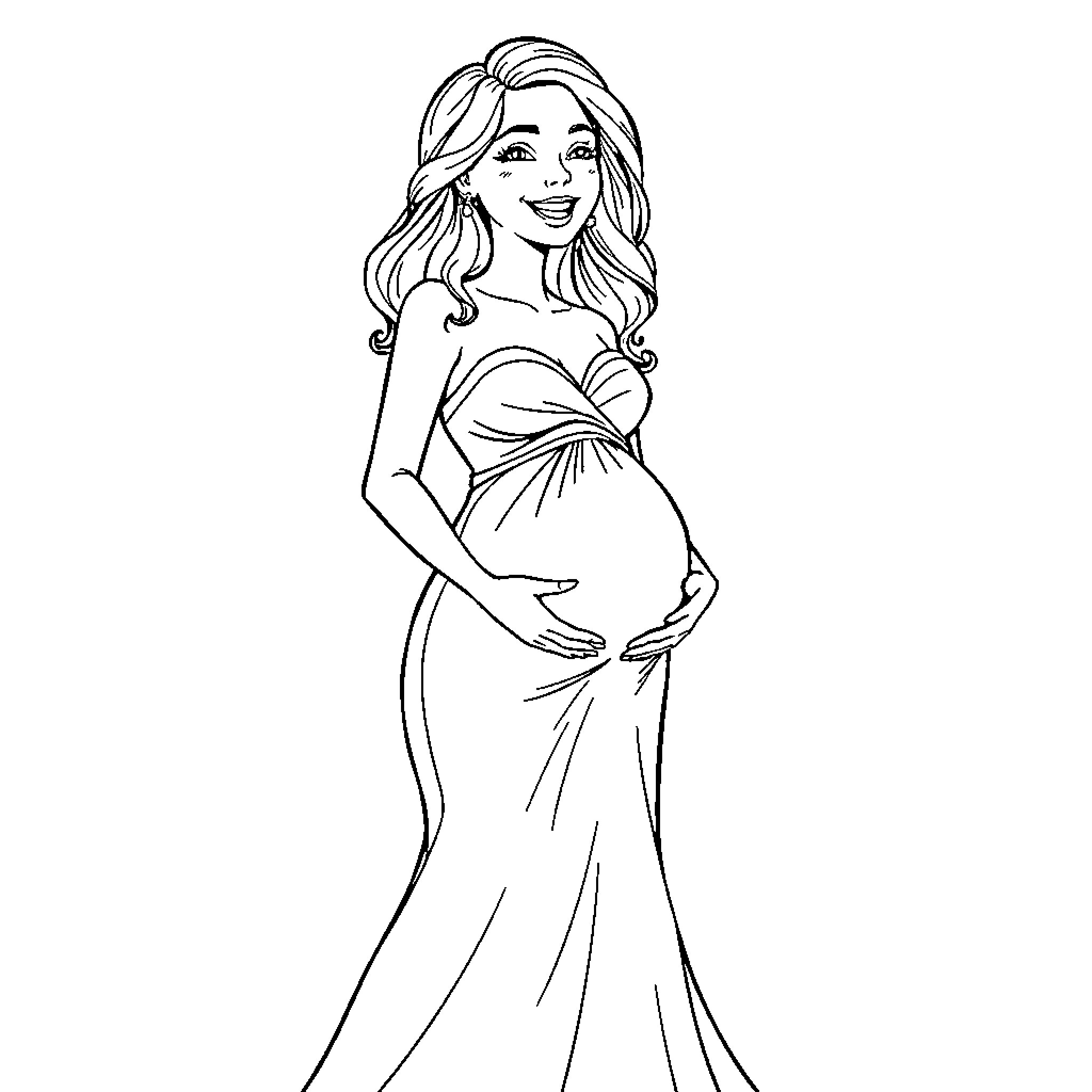 Pregnant woman smiling in elegant dress Coloring Page (free black-and-white line drawing printable PDF for all, from beginners to advanced learners, including children, teens, adults, and seniors)
