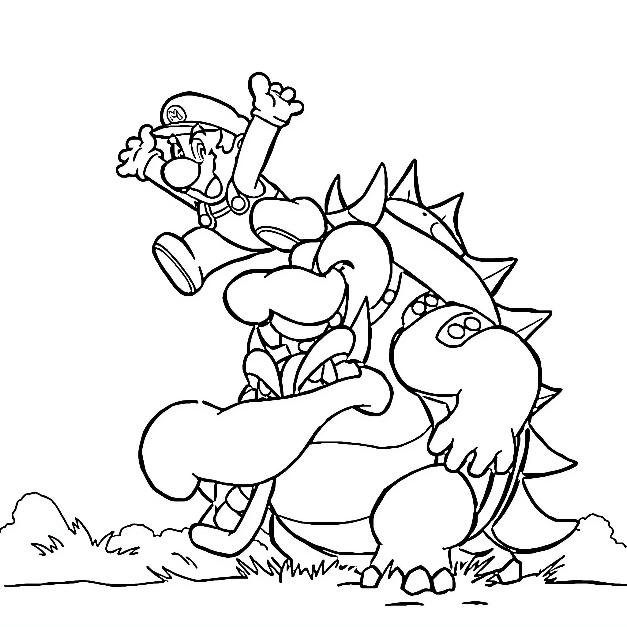 Super Mario riding a spiky dinosaur character Coloring Page (free black-and-white line drawing printable PDF for all, from beginners to advanced learners, including children, teens, adults, and seniors)