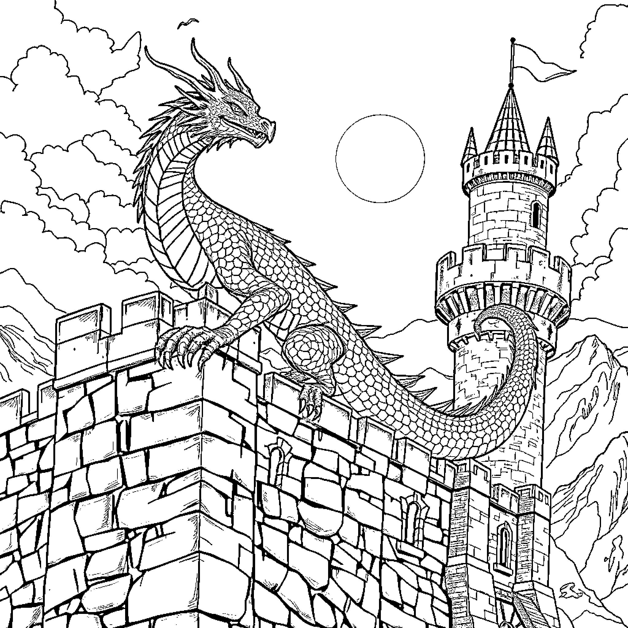 Dragon guarding the magical castle Coloring Page (free black-and-white line drawing printable PDF for all, from beginners to advanced learners, including children, teens, adults, and seniors)