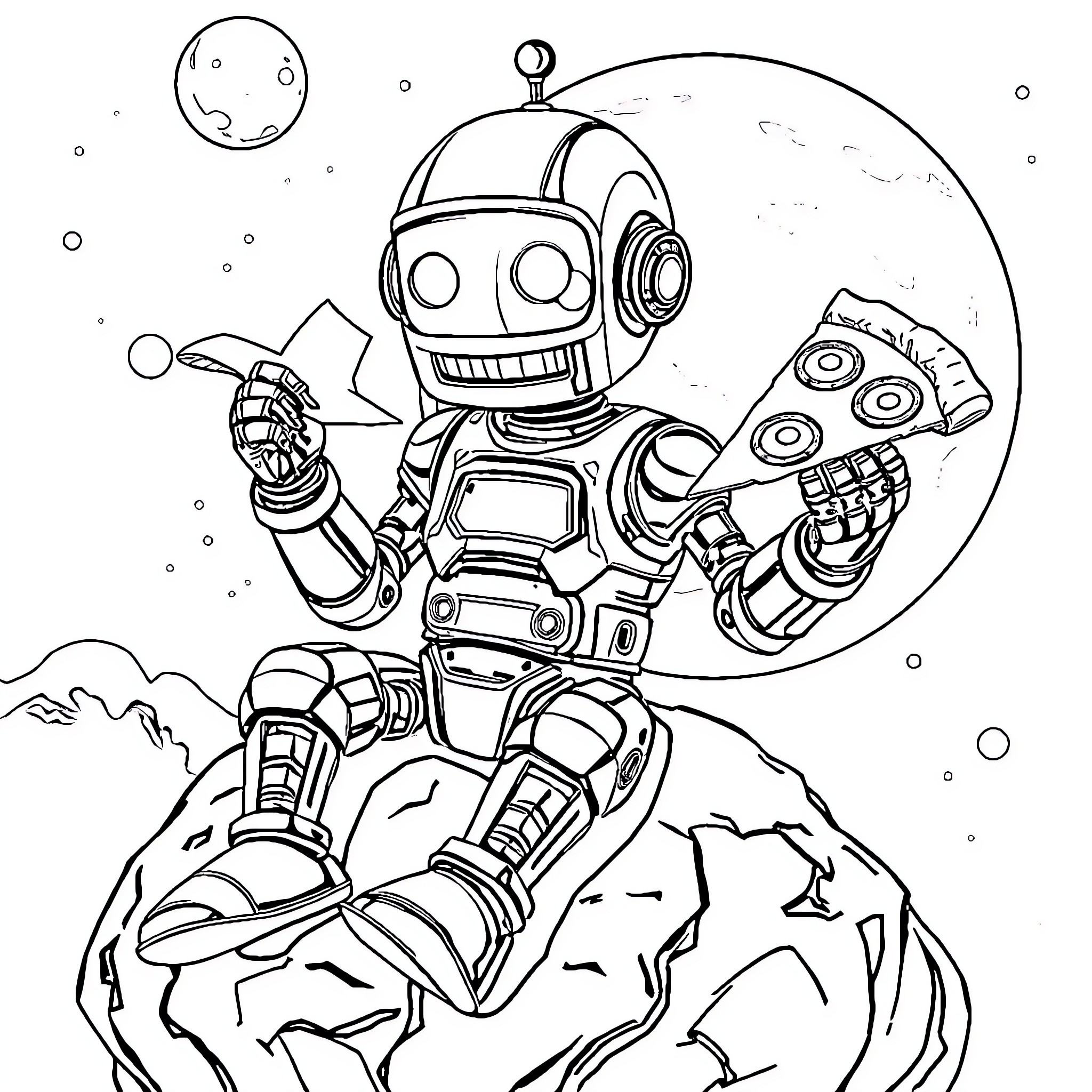 Robot exploring outer space in a whimsical scene Coloring Page (free black-and-white line drawing printable PDF for all, from beginners to advanced learners, including children, teens, adults, and seniors)