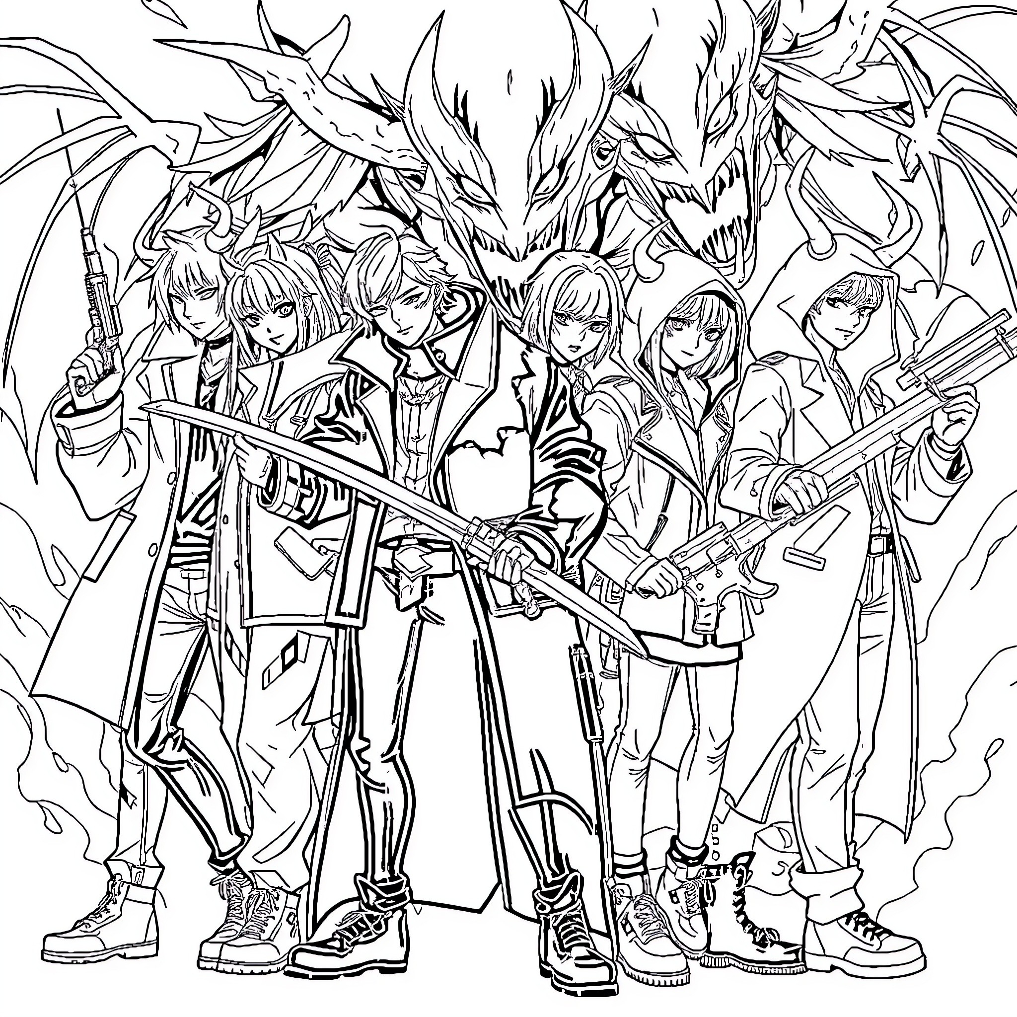 Demon Warrior Crew in Action Coloring Page (free black-and-white line drawing printable PDF for all, from beginners to advanced learners, including children, teens, adults, and seniors)