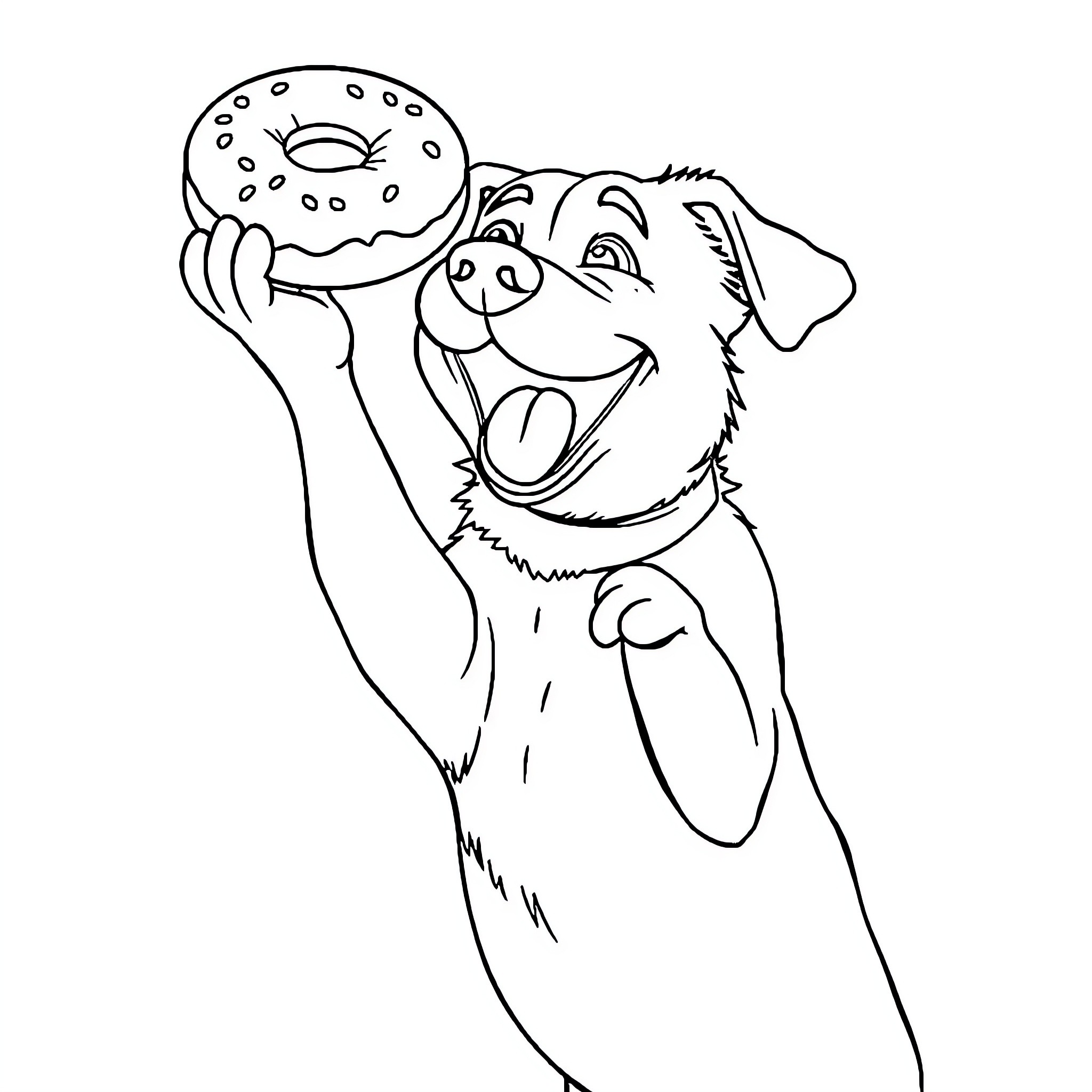Dog eagerly holding a delicious doughnut Coloring Page (free black-and-white line drawing printable PDF for all, from beginners to advanced learners, including children, teens, adults, and seniors)