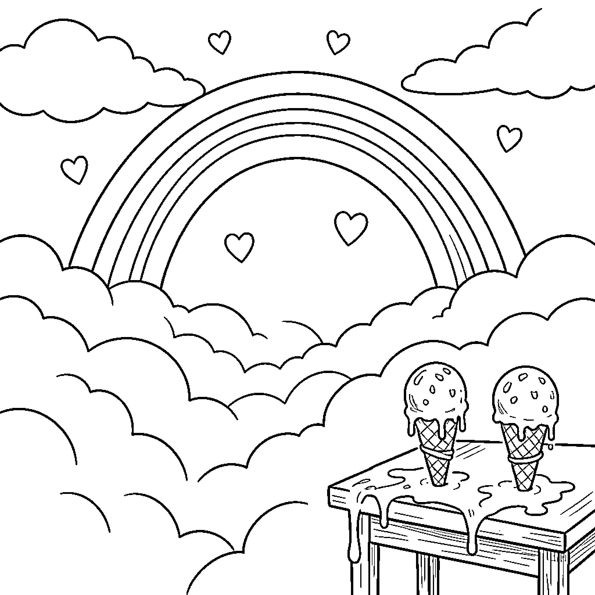 Heart shaped symbols floating near a rainbow and clouds Coloring Page (free black-and-white line drawing printable PDF for all, from beginners to advanced learners, including children, teens, adults, and seniors)