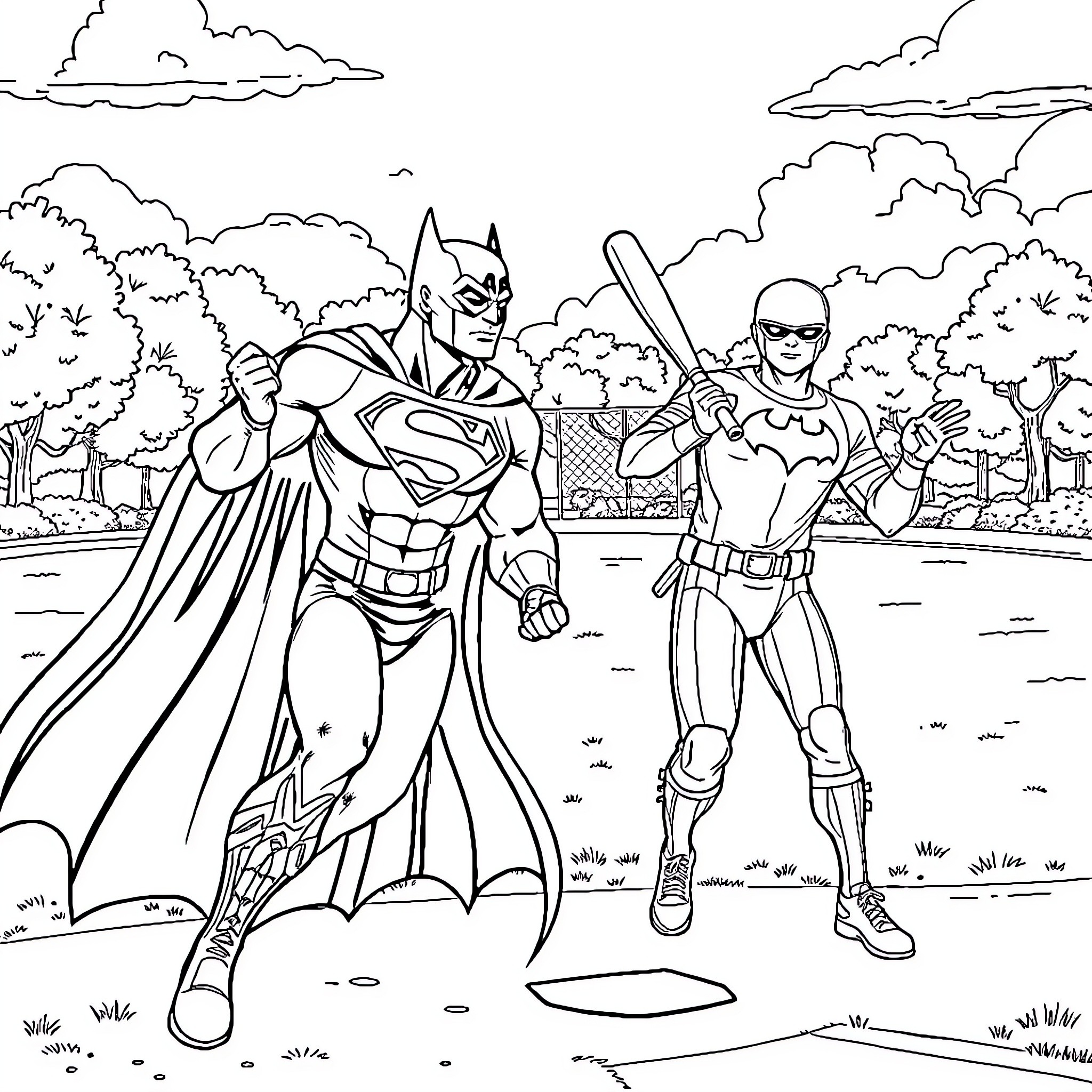 Superman and sidekick in action outdoors Coloring Page (free black-and-white line drawing printable PDF for all, from beginners to advanced learners, including children, teens, adults, and seniors)