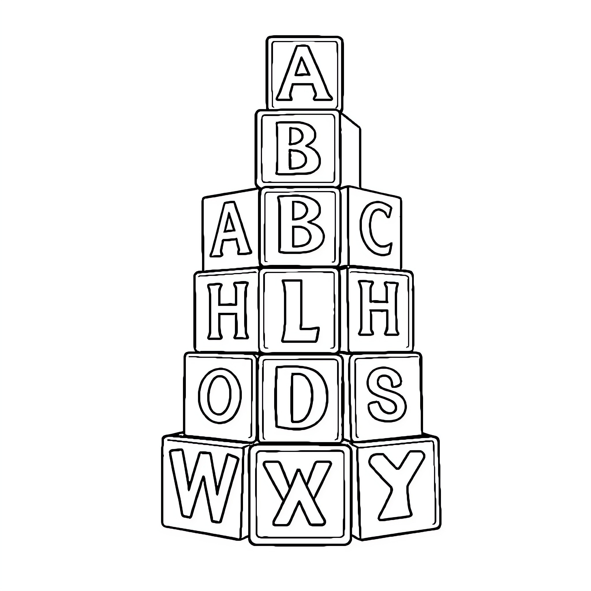 Alphablox Spelling Puzzle Blocks Tower Coloring Page (free black-and-white line drawing printable PDF for all, from beginners to advanced learners, including children, teens, adults, and seniors)