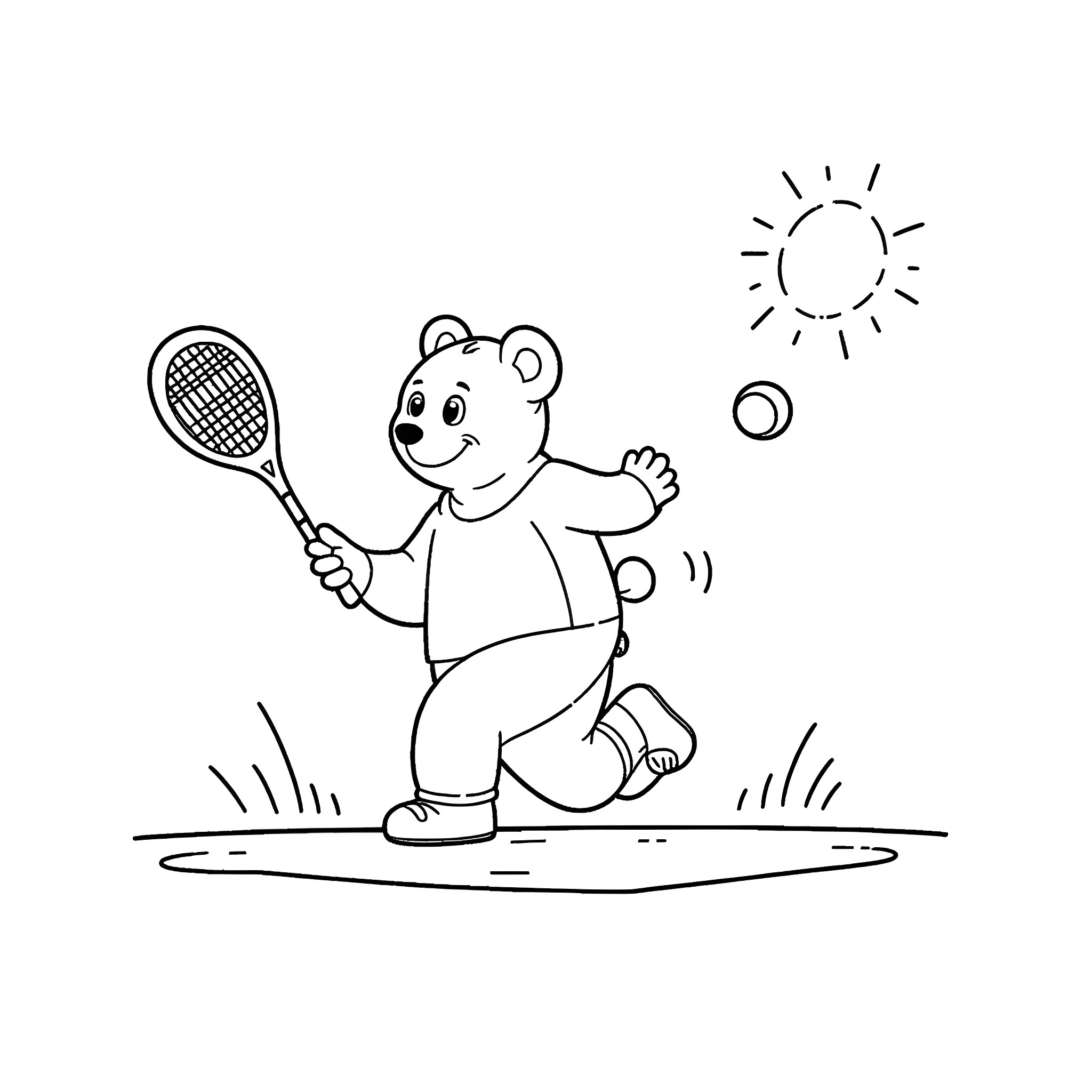 Bear playing tennis in the sunshine Coloring Page (free black-and-white line drawing printable PDF for all, from beginners to advanced learners, including children, teens, adults, and seniors)