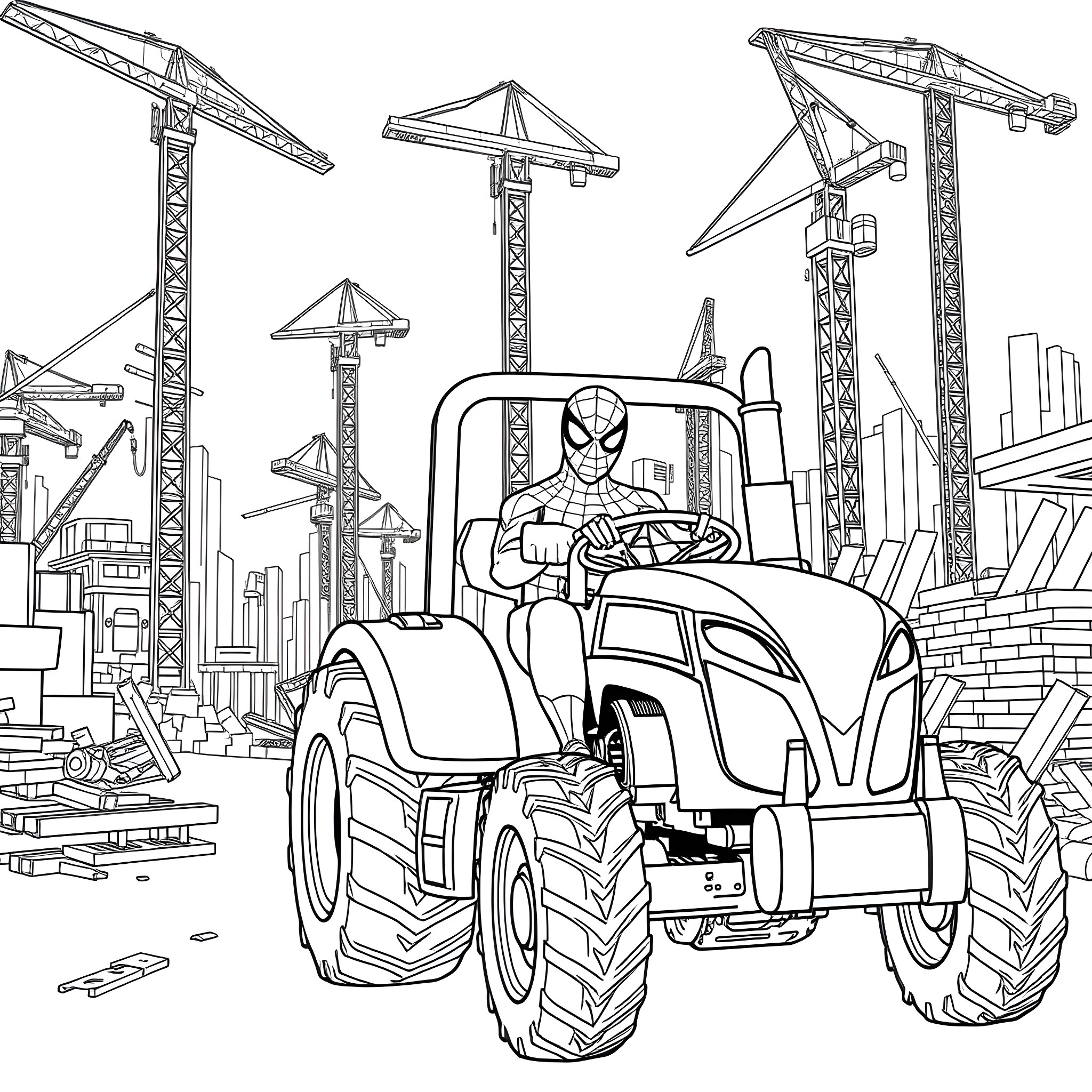 Spider-Man Operating a Tractor at a Construction Site Coloring Page (free black-and-white line drawing printable PDF for all, from beginners to advanced learners, including children, teens, adults, and seniors)