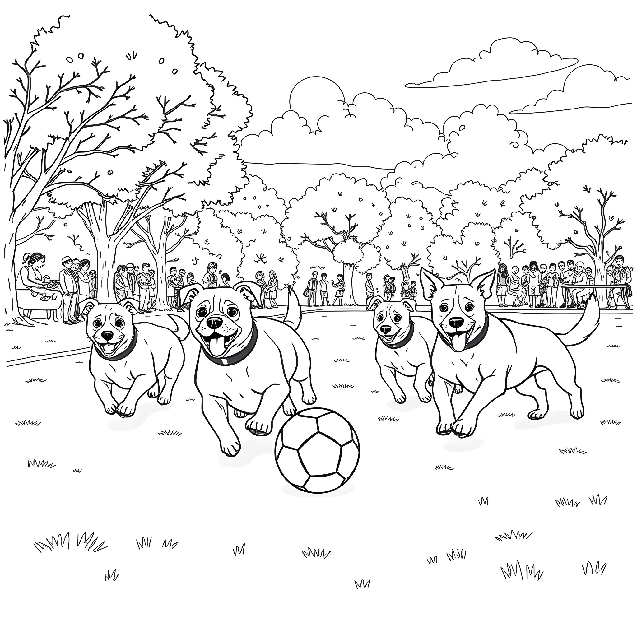 Dog friends playing with soccer ball in the park Coloring Page (free black-and-white line drawing printable PDF for all, from beginners to advanced learners, including children, teens, adults, and seniors)